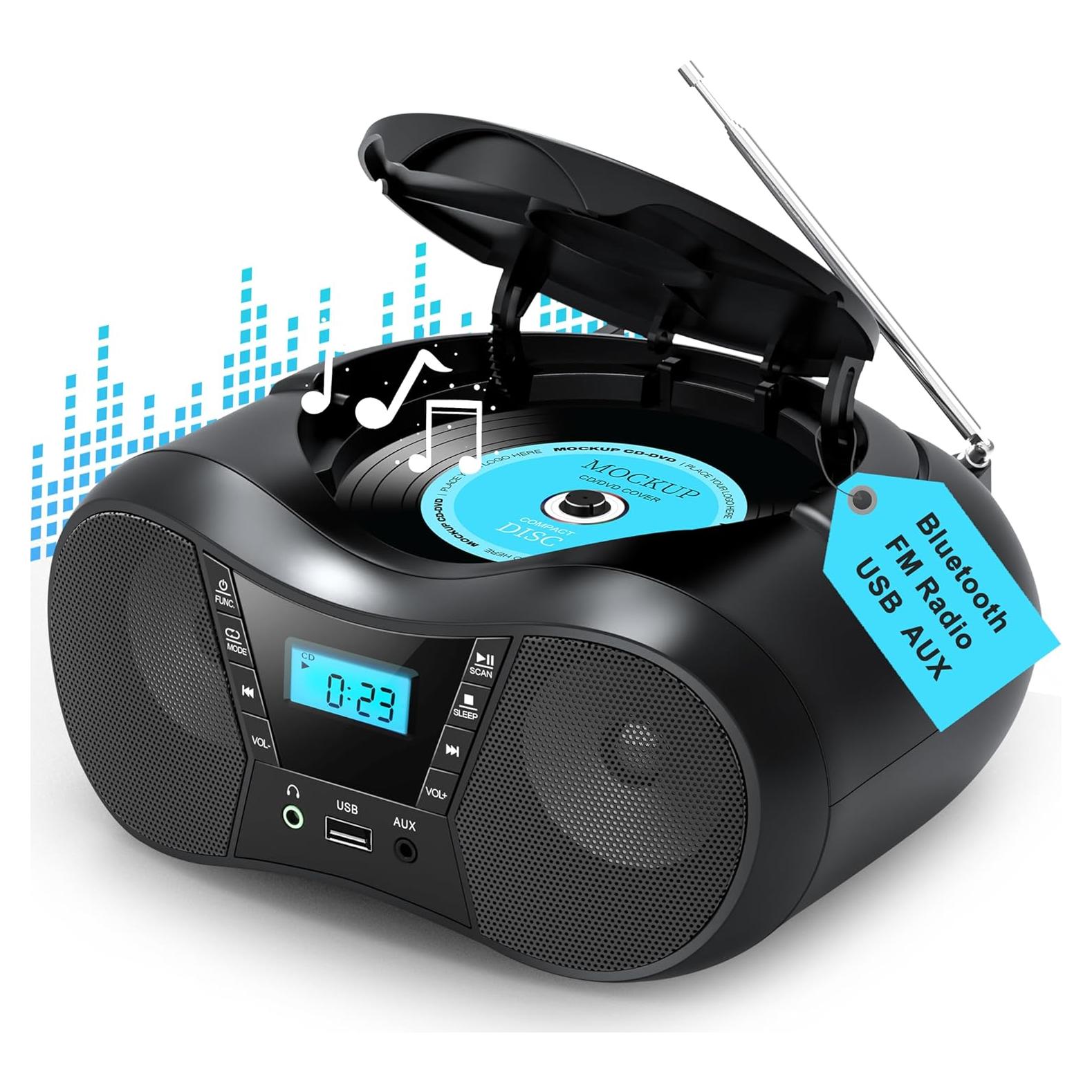 Greadio Boombox CD Portátil Bluetooth con Radio FM - Negro