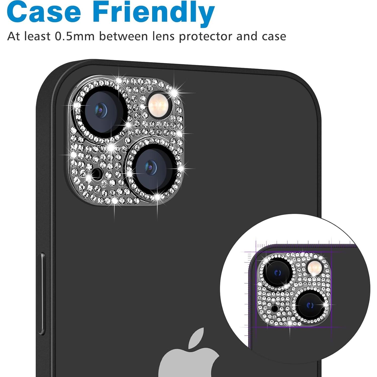 for iPhone 13 & iPhone 13 Mini Camera Lens Protector, Bling 3D Rhinestone Sparkle Diamond 9H Tempered Glass Camera Cover Anti Scratch Shockproof Metal Lens Screen Full Protective Cover