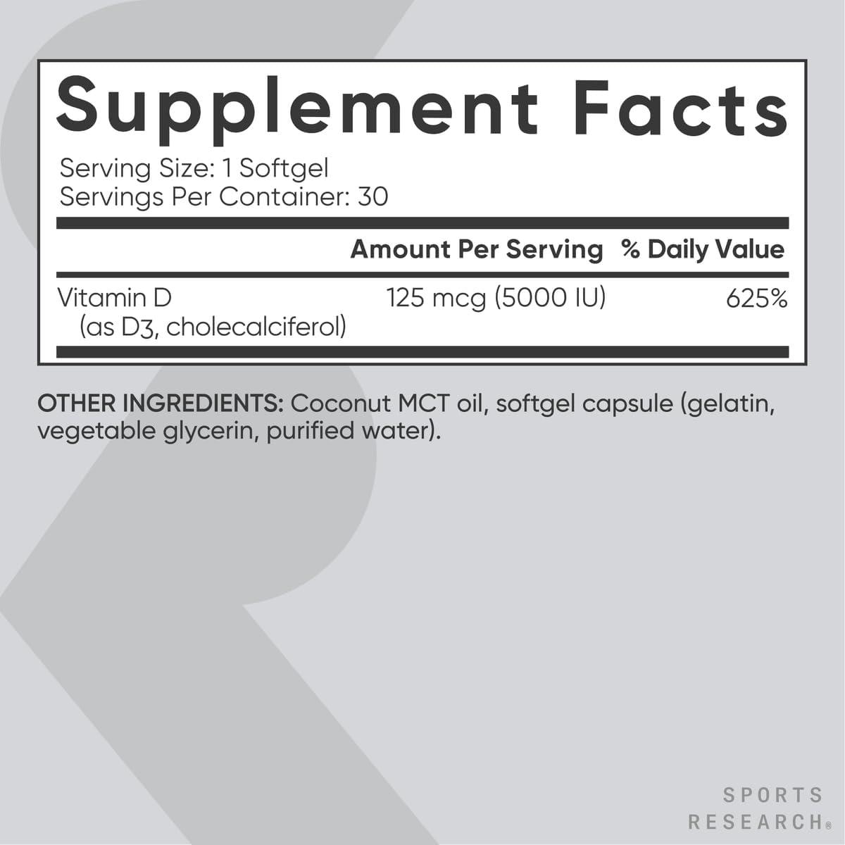 Vitamina D3 5000 UI Investigación Deportiva con Aceite MCT - 30 Cápsulas