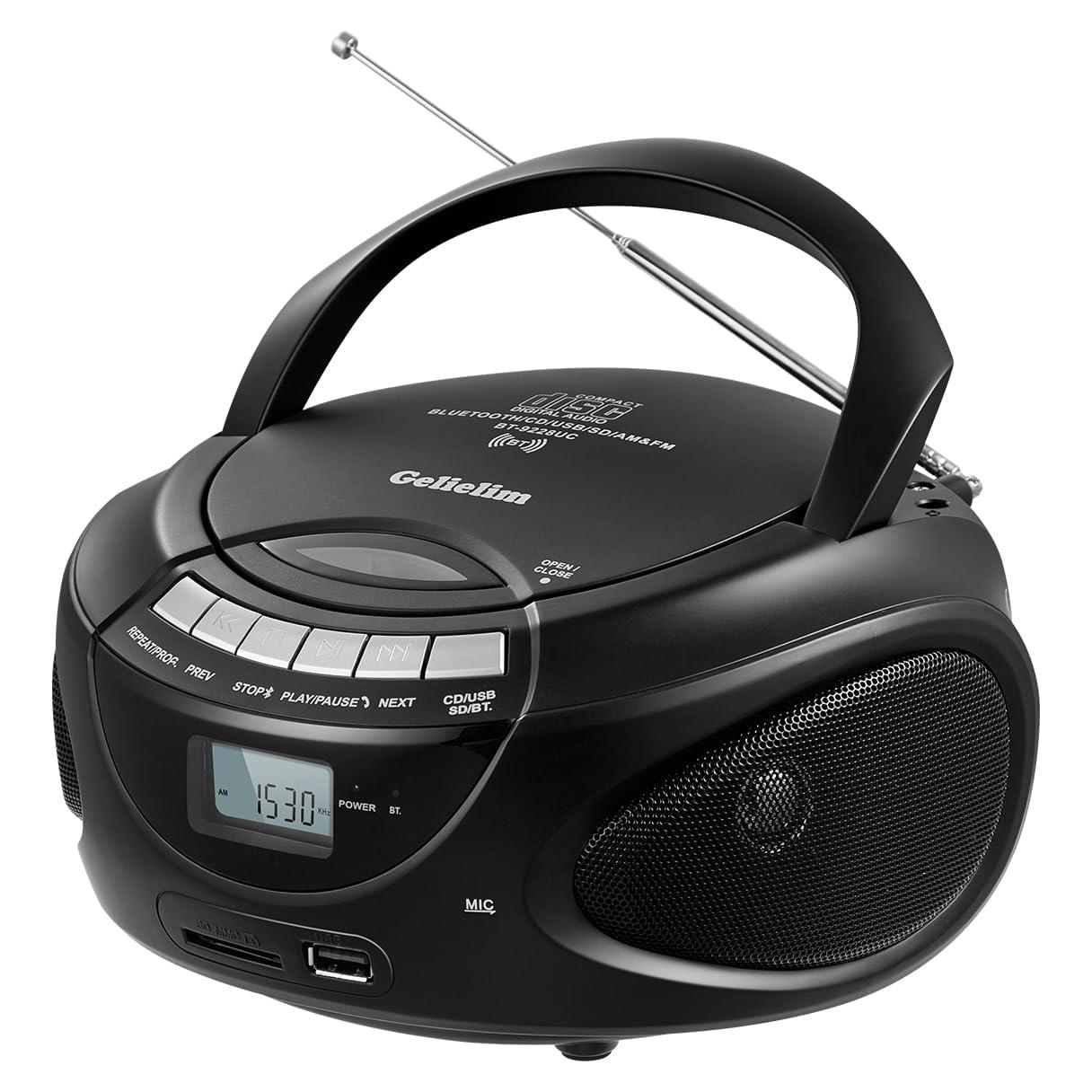 Reproductor de CD Portátil Gelielim Boombox Bluetooth Negro