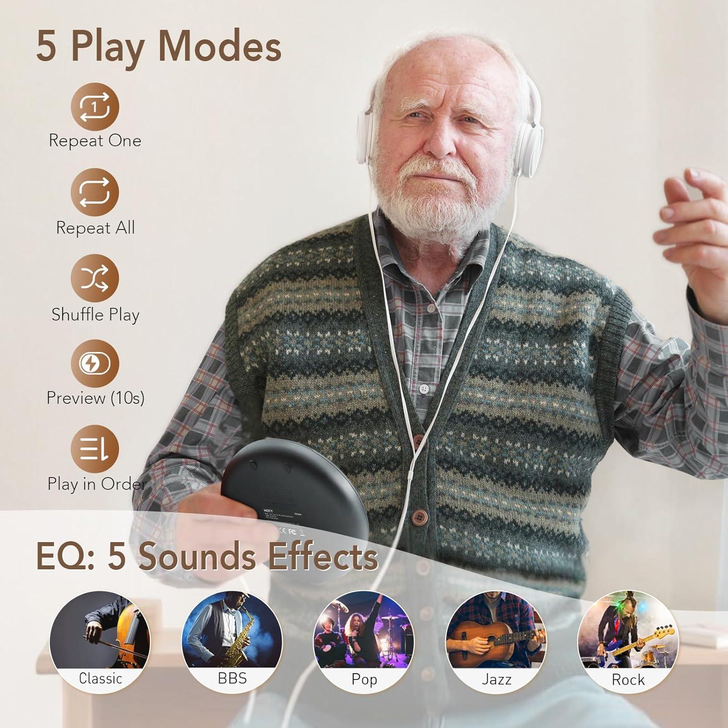 Reproductor de CD Portátil HOTT CD204 con Auriculares y AUX