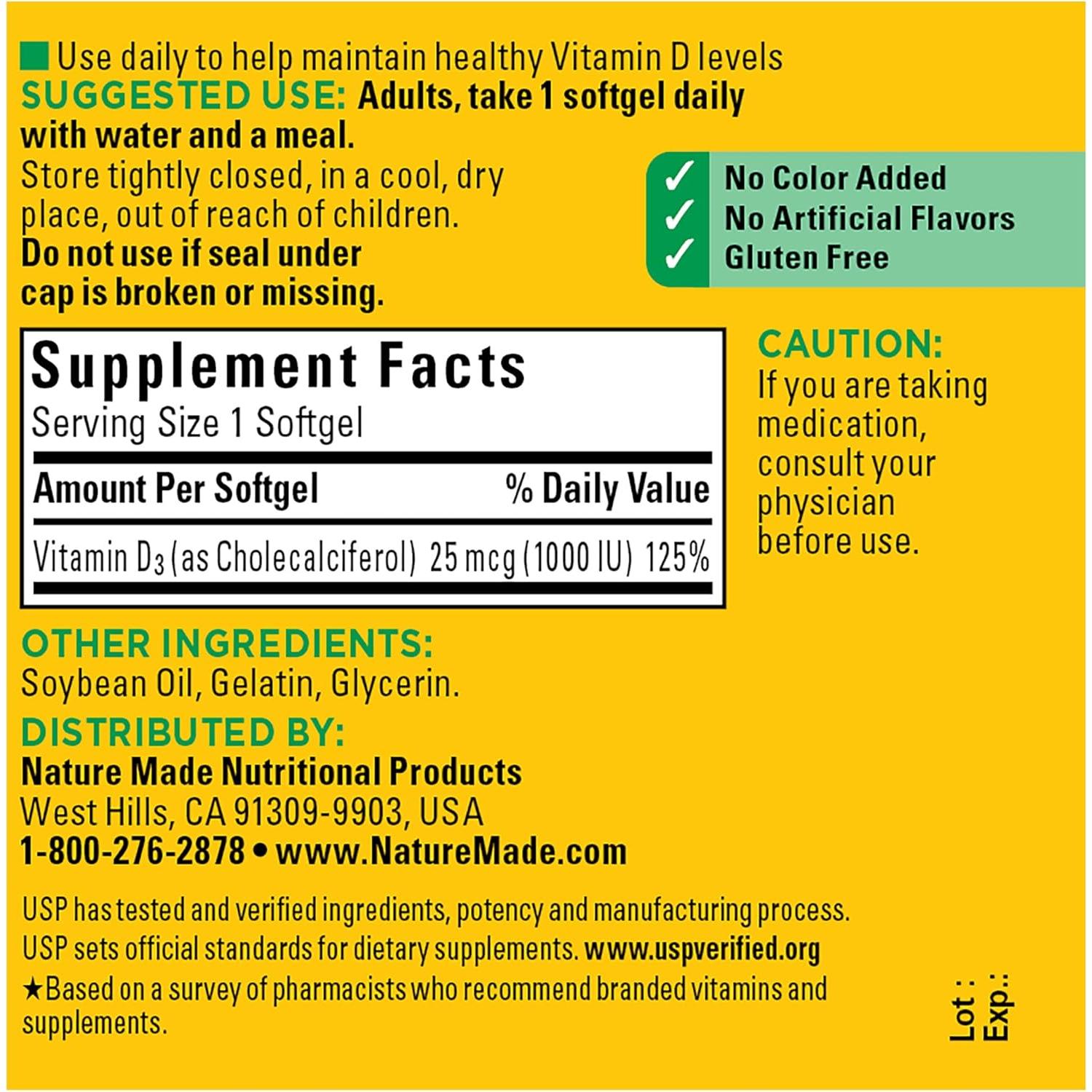 Nature Made Vitamina D3 1000 UI 25 mcg, 100 Gelatinas Blandas