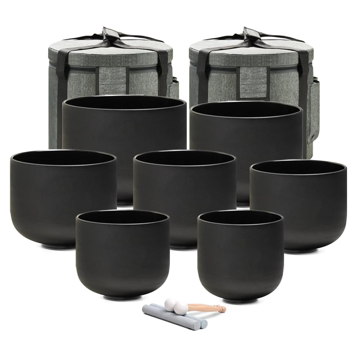 Juego de 7 Cuencos de Cuarzo Negro 432Hz 15-30 cm con Fundas