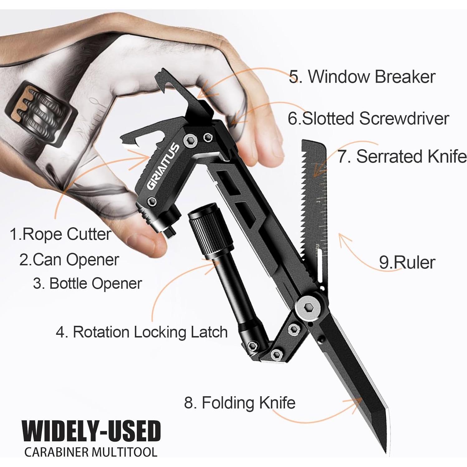 Carabiner Multitool GIRIAITUS 8-en-1 Negro para Camping