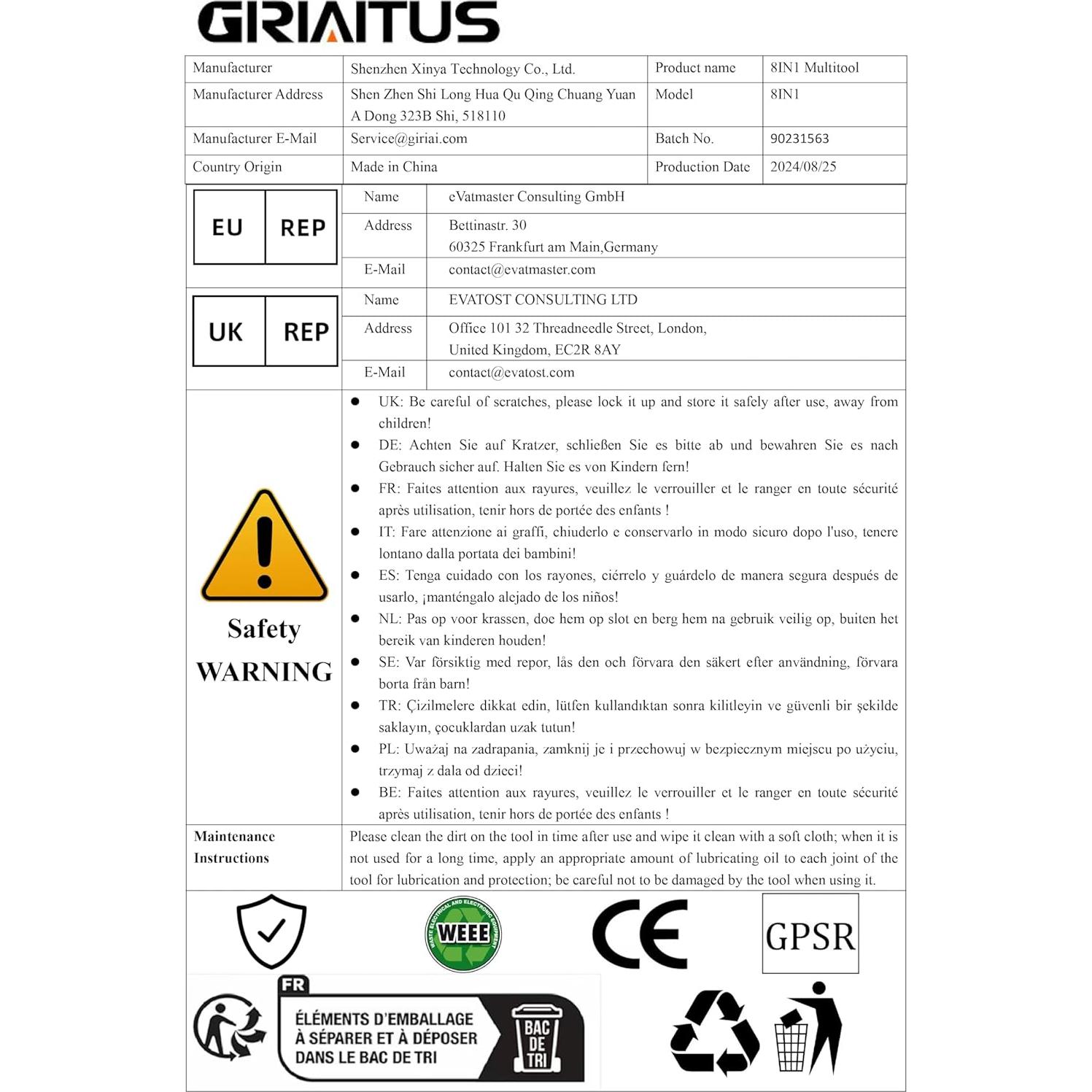 Carabiner Multitool GIRIAITUS 8-en-1 Negro para Camping
