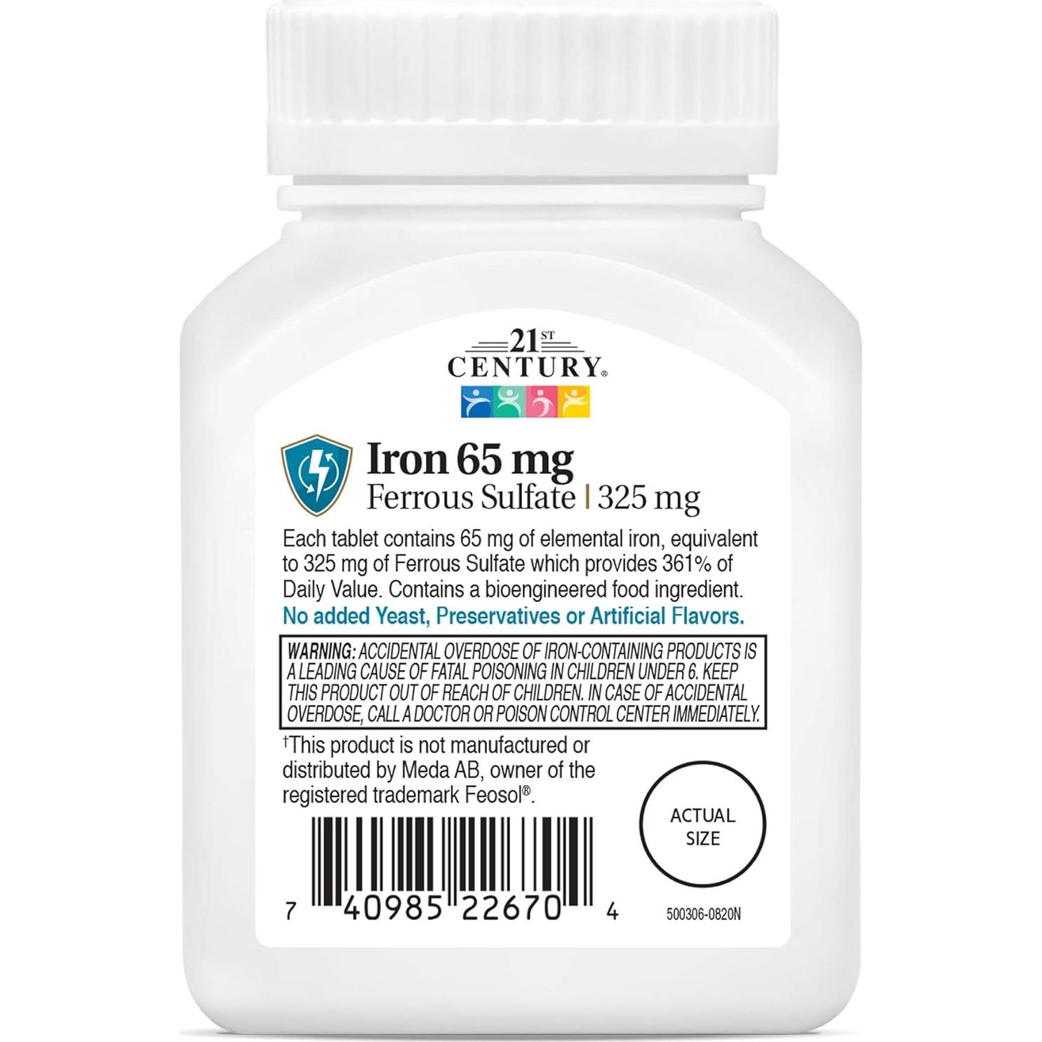 Tabletas de Sulfato Ferroso 65 mg 21st Century - 120 unidades