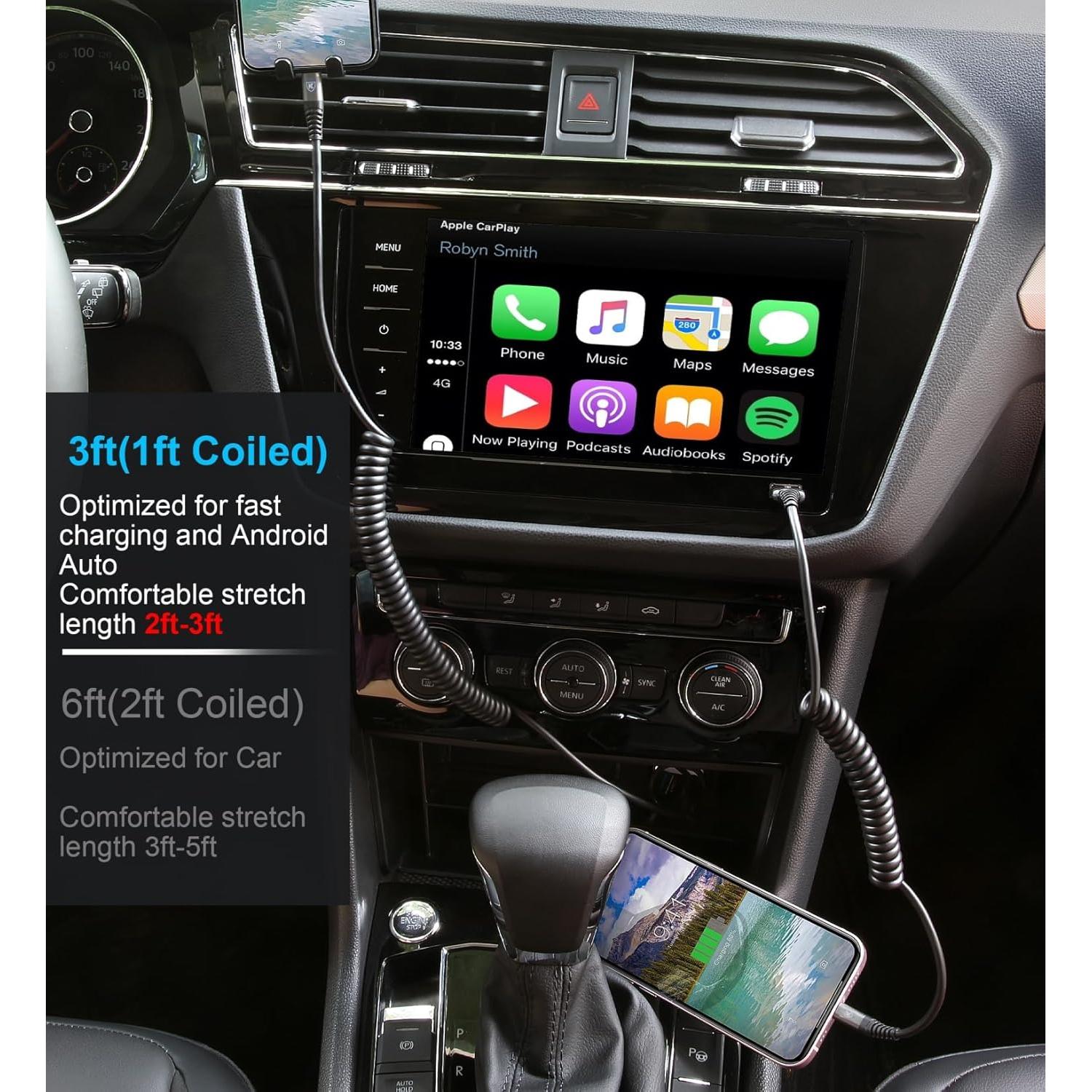 Cable de Carga Enrollado KIYODA 3FT Negro MFi para iPhone