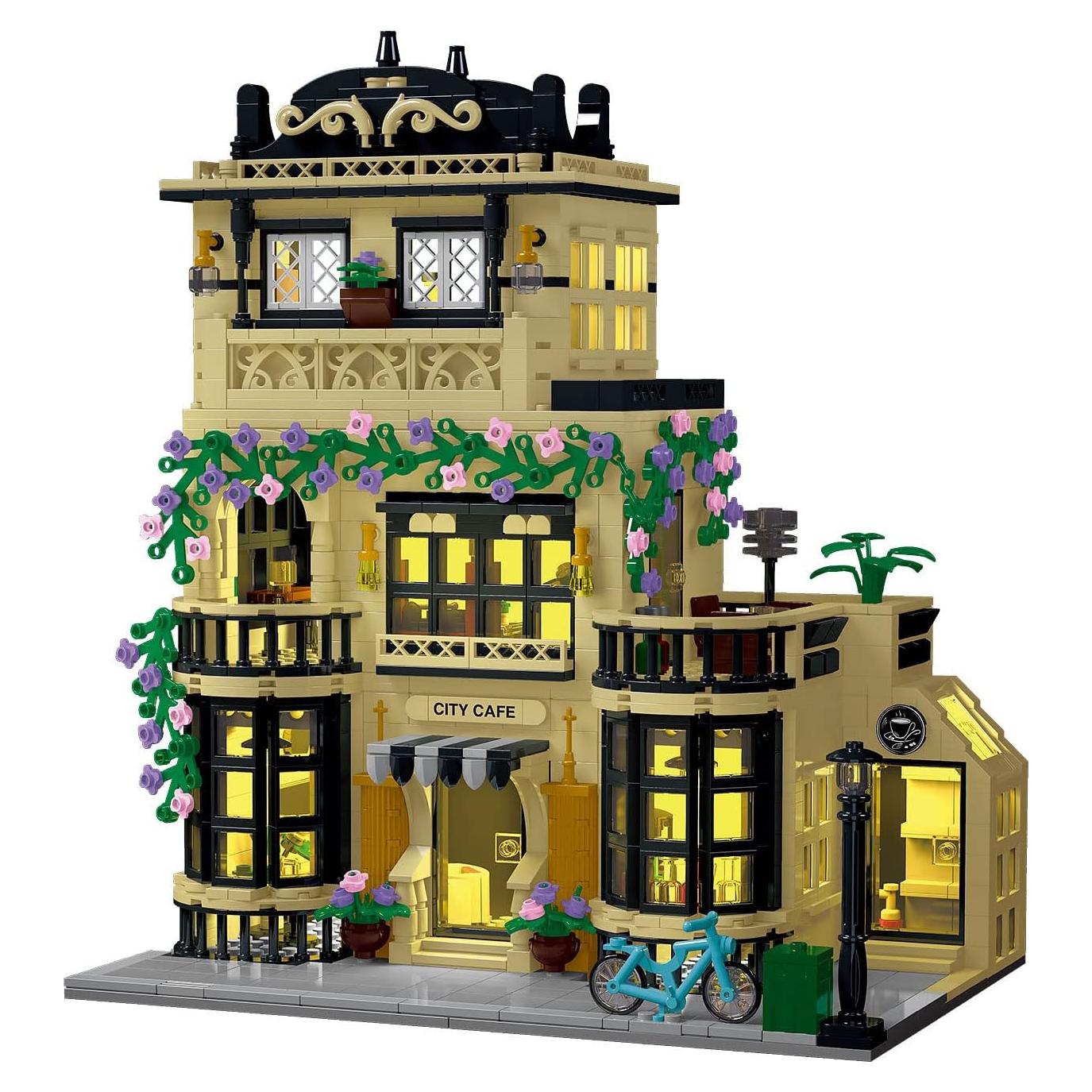 City Cafe Architecture Building Kit with LED Lights,3 Levels City Cafe Model Building Blocks Toy,for 12+Age Teen,Adult（1443 Pieces）