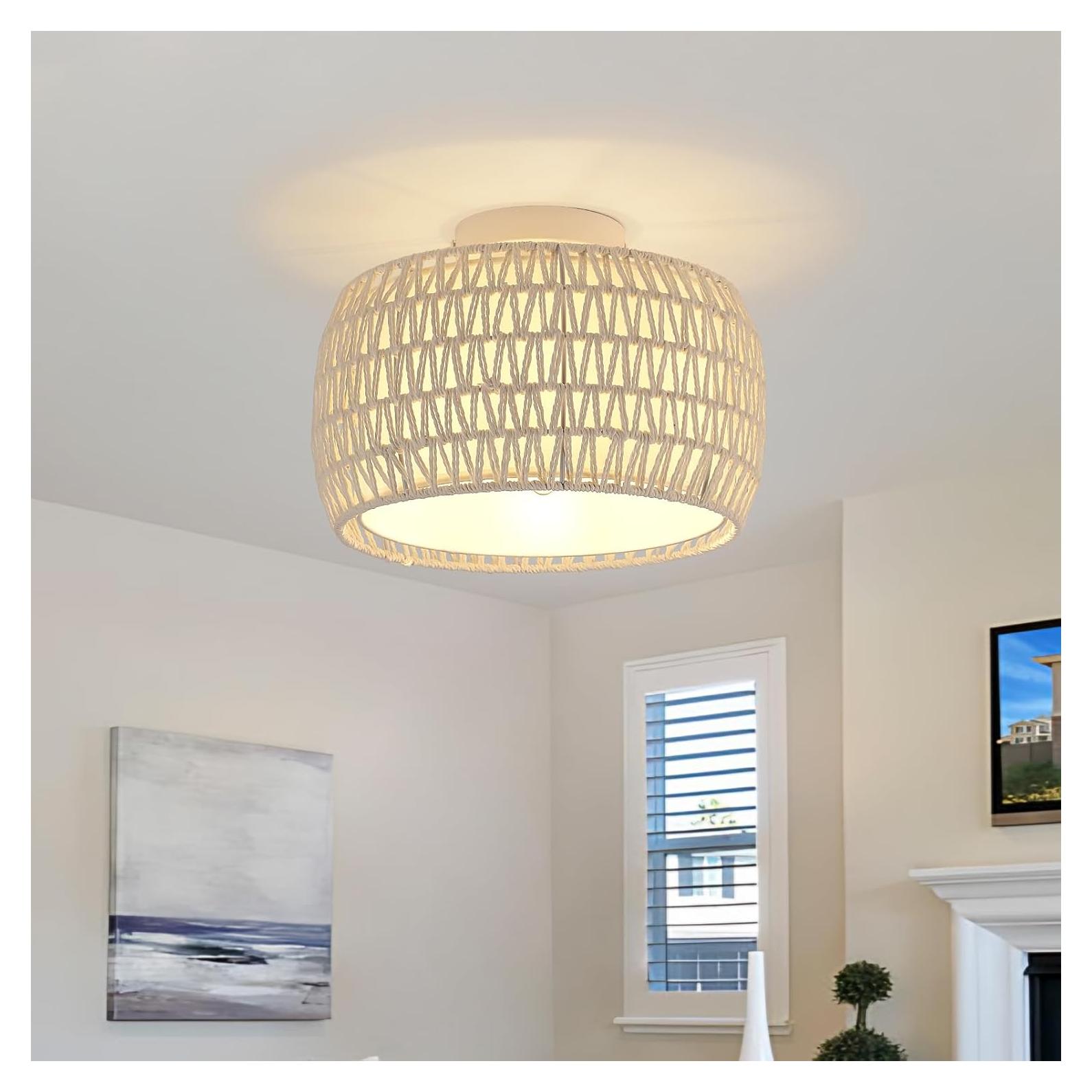 Luz de Techo Flush WILON de Rattan Blanco 1 Luz Dimmable
