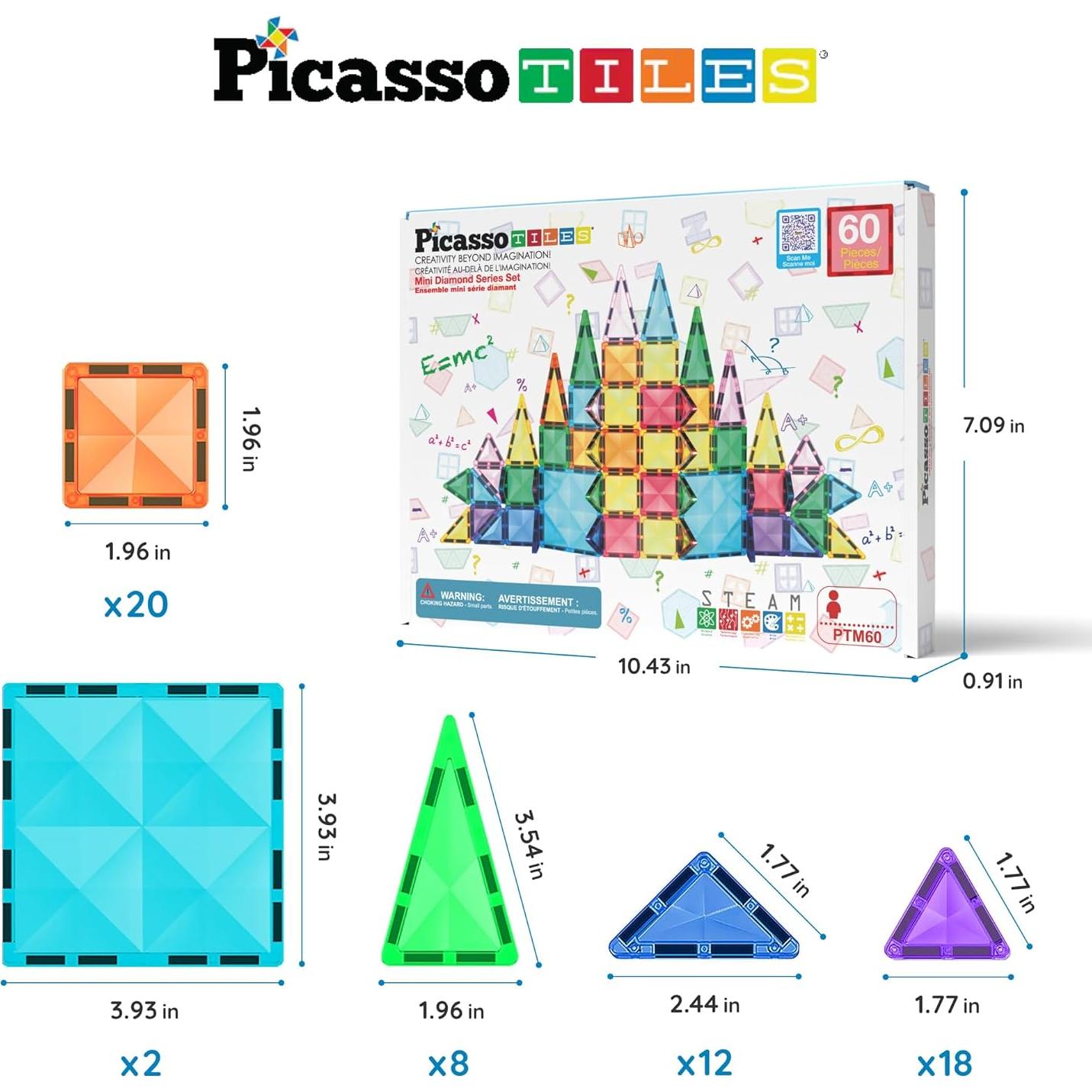 PicassoTiles 60 Piezas Azulejos Magnéticos Portátiles Juguete STEM