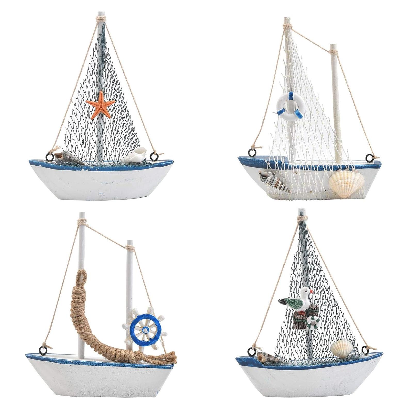 Set de 4 Veleros Decorativos de Madera BUYGO - Estilo Náutico