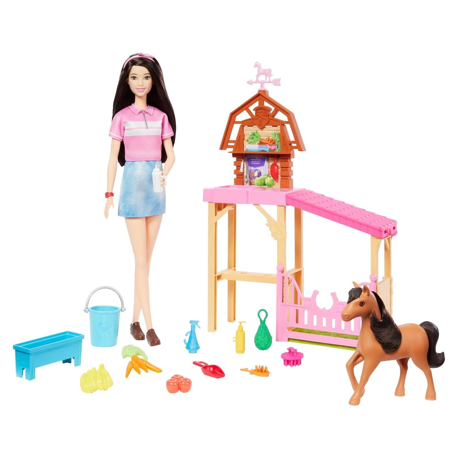 Juego de Establo Barbie con Muñeca Renee y Pony 10 Accesorios