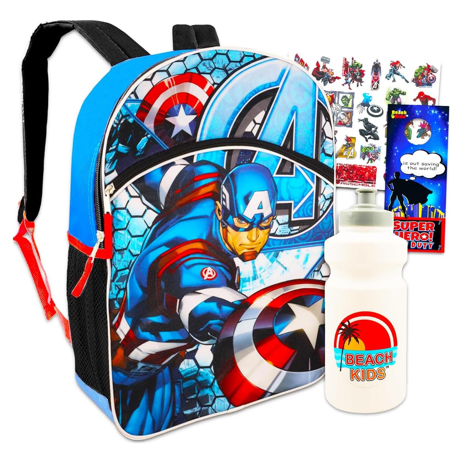 Mochila Escolar Capitán América 40.64 cm + Botella y Tatuajes