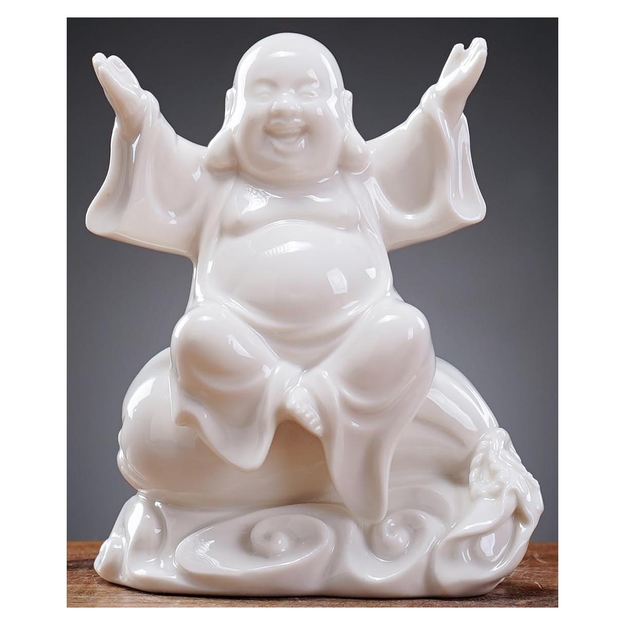 Estatua de Buda Risueño Blanca de Cerámica 11.3 cm para Buena Suerte