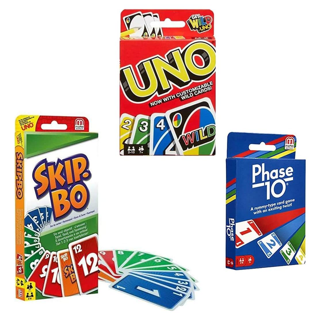 Juego de Cartas Mattel UNO, Skip-Bo y Phase 10 - 3 en 1