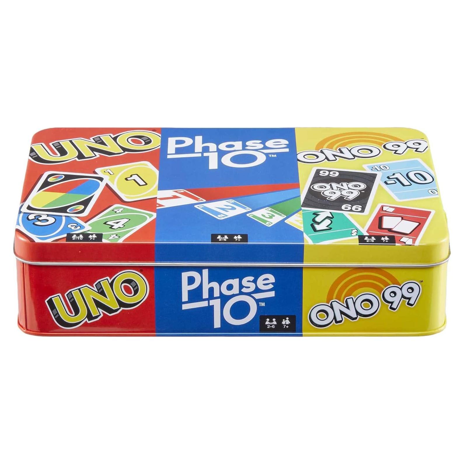 Juego de Cartas Mattel UNO, Phase 10 y ONO 99 en Lata
