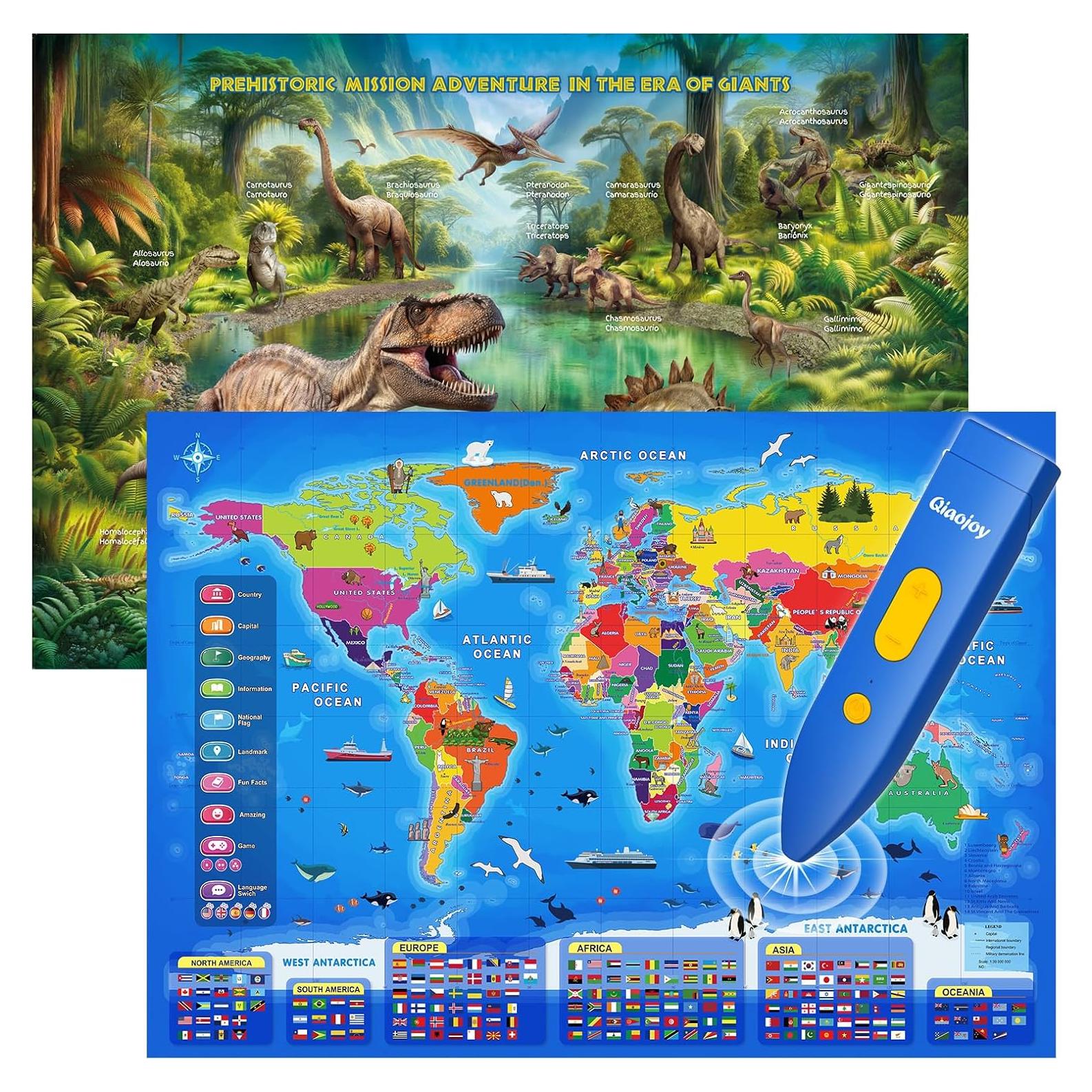 Mapa Mundial Interactivo y Póster de Dinosaurios Qiaojoy