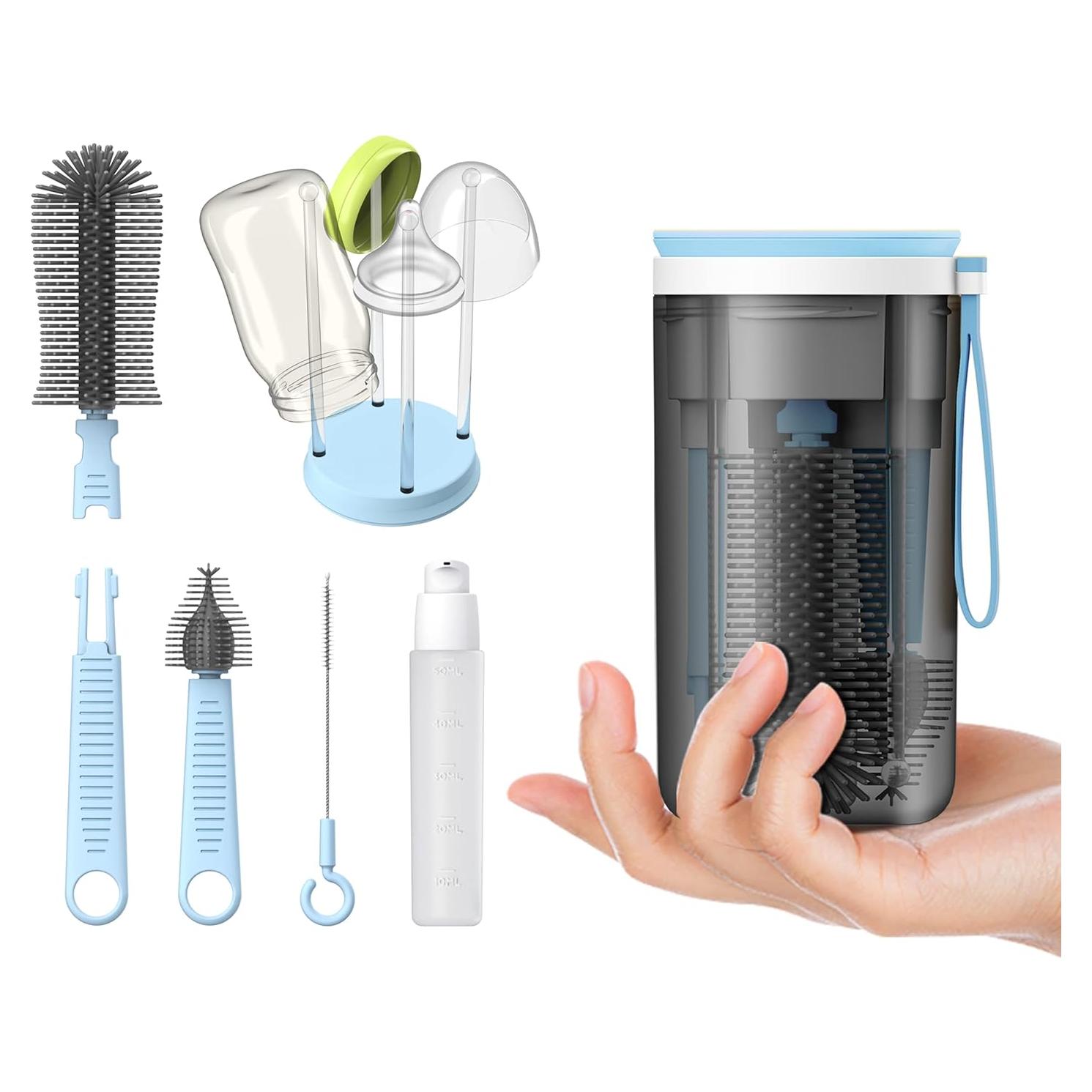 Cepillo de Botella VOGOGE 3-en-1 con Soporte Secado Azul