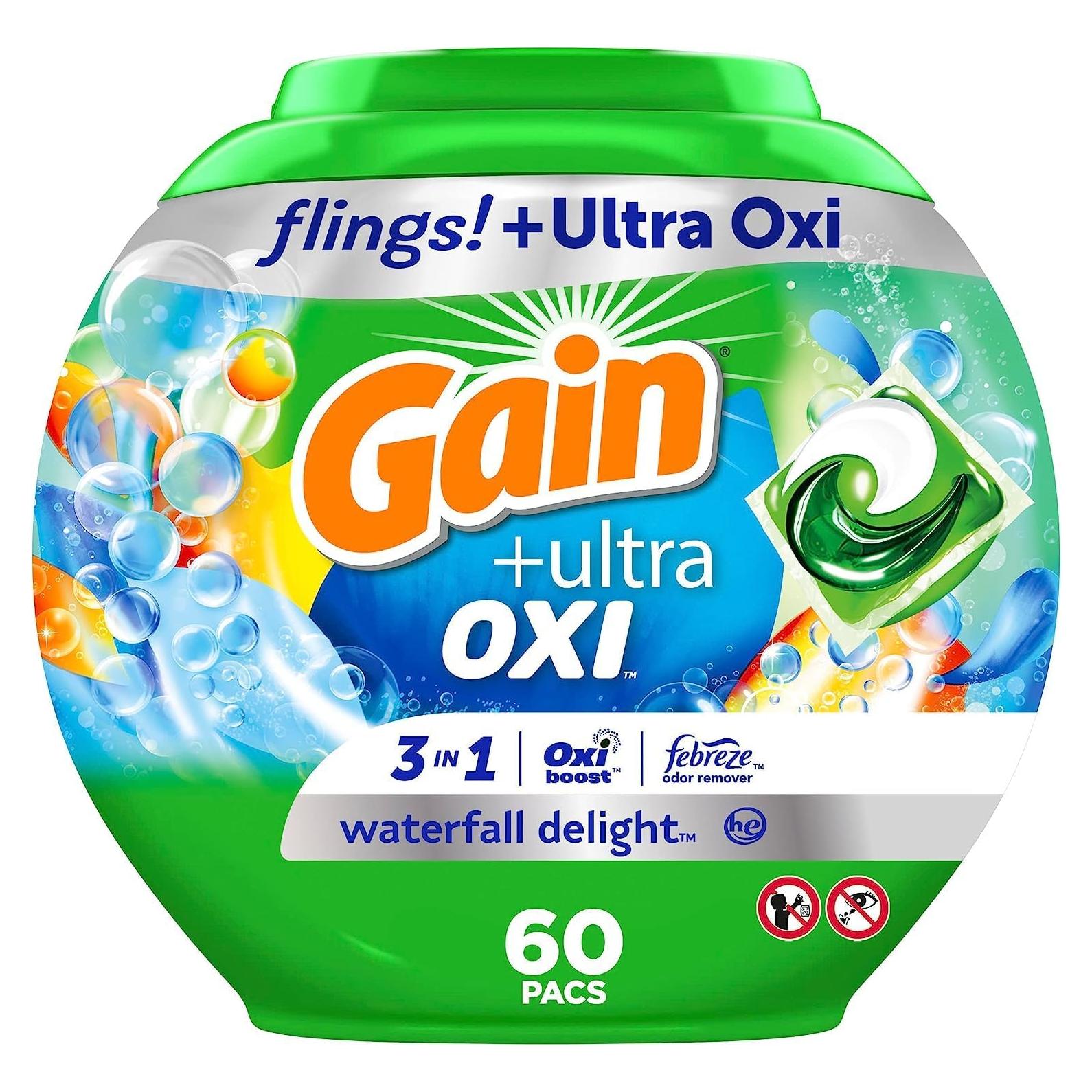 Gain Flings Ultra Oxi Pacs Detergente Ropa 60 Unidades Aroma Cascada