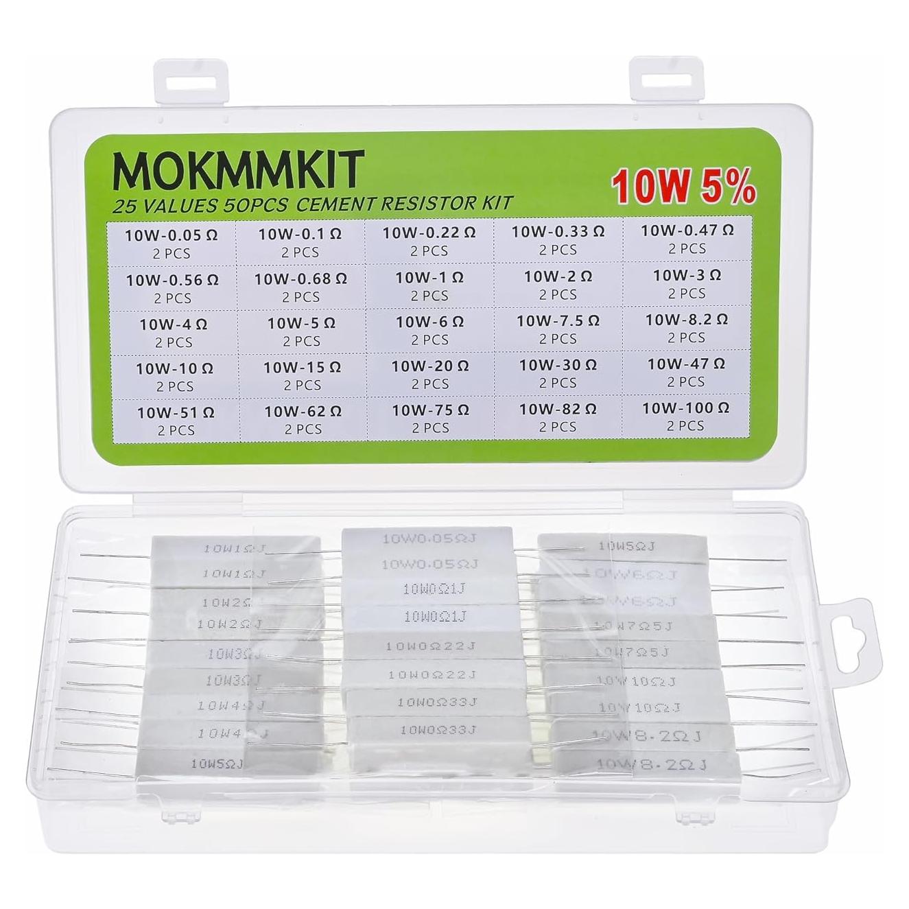 Kit de Resistores de Cemento MOKMMKIT 10W 50 Piezas 0.05-100 Ohm