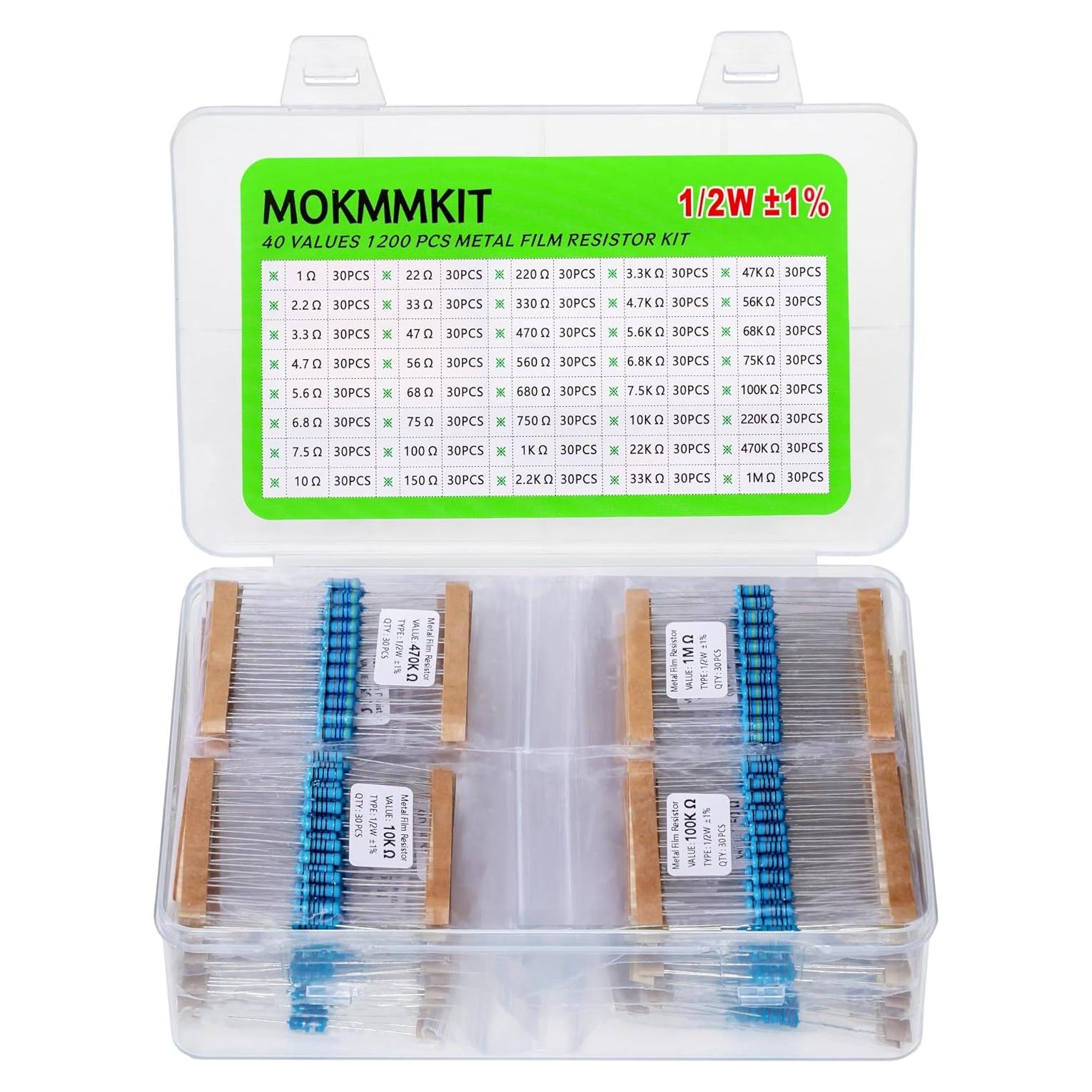 Kit de Resistencias MOKMMKIT 1200 Piezas 1 Ohm-1M Ohm 1/2W ±1%