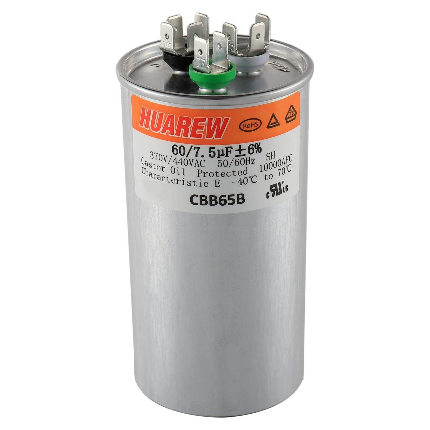 Capacitor CBB65 HUAREW 60+7.5uF 370/440VAC para Aire Acondicionado