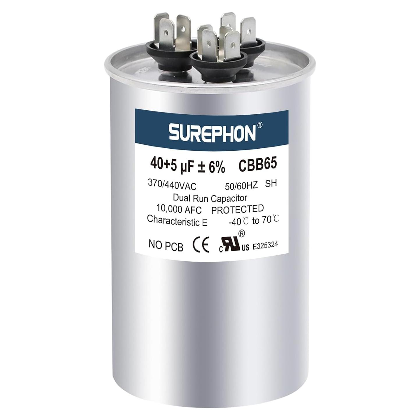 Capacitor SUREPHON 40+5 uF 370V/440V para A/C y Ventiladores