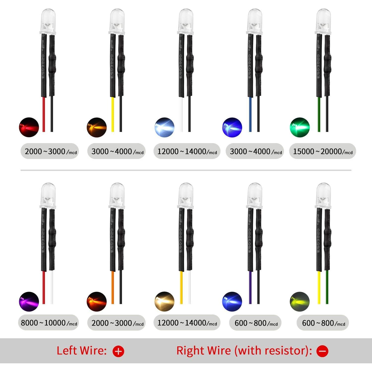 DiCUNO 100 Diodos LED Pre Cableados 12V 5MM 10 Colores