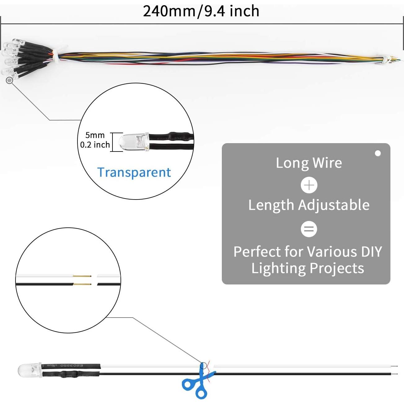 DiCUNO 100 Diodos LED Pre Cableados 12V 5MM 10 Colores