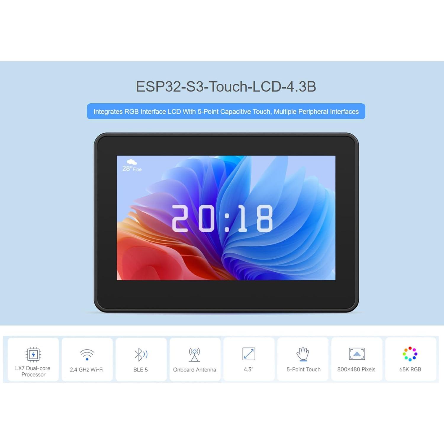 Placa de Desarrollo Waveshare ESP32-S3 4.3" Táctil RGB 800x480
