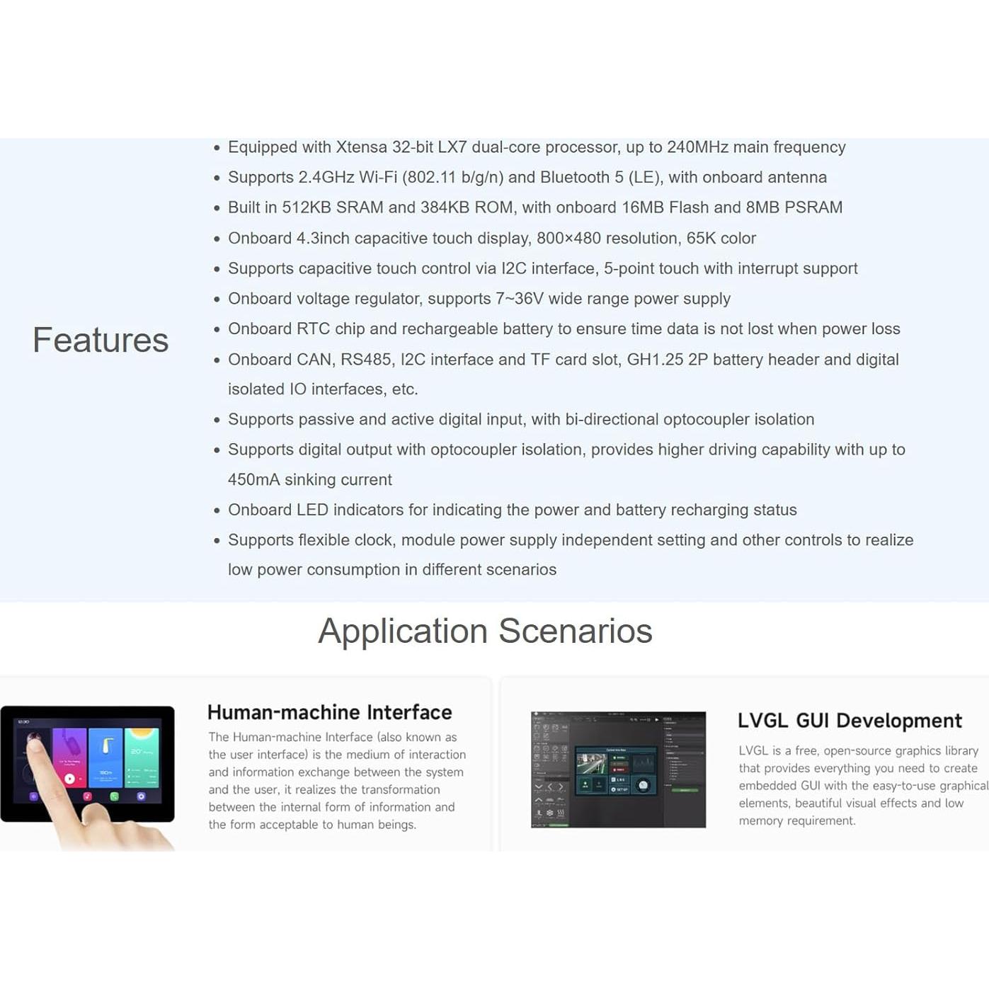 Placa de Desarrollo Waveshare ESP32-S3 4.3" Táctil RGB 800x480