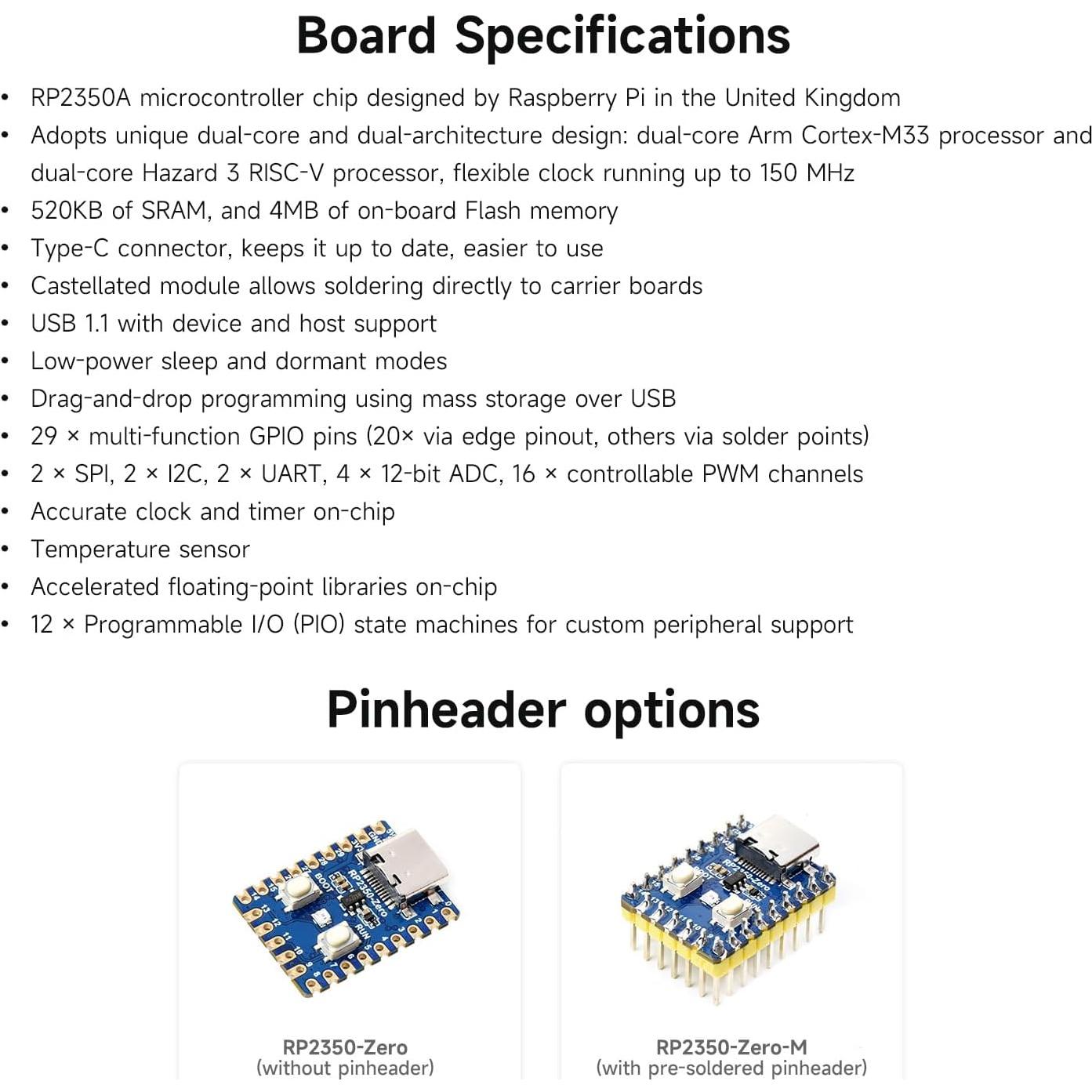 Placa de Desarrollo Waveshare RP2350-Zero Doble Núcleo 7x5cm