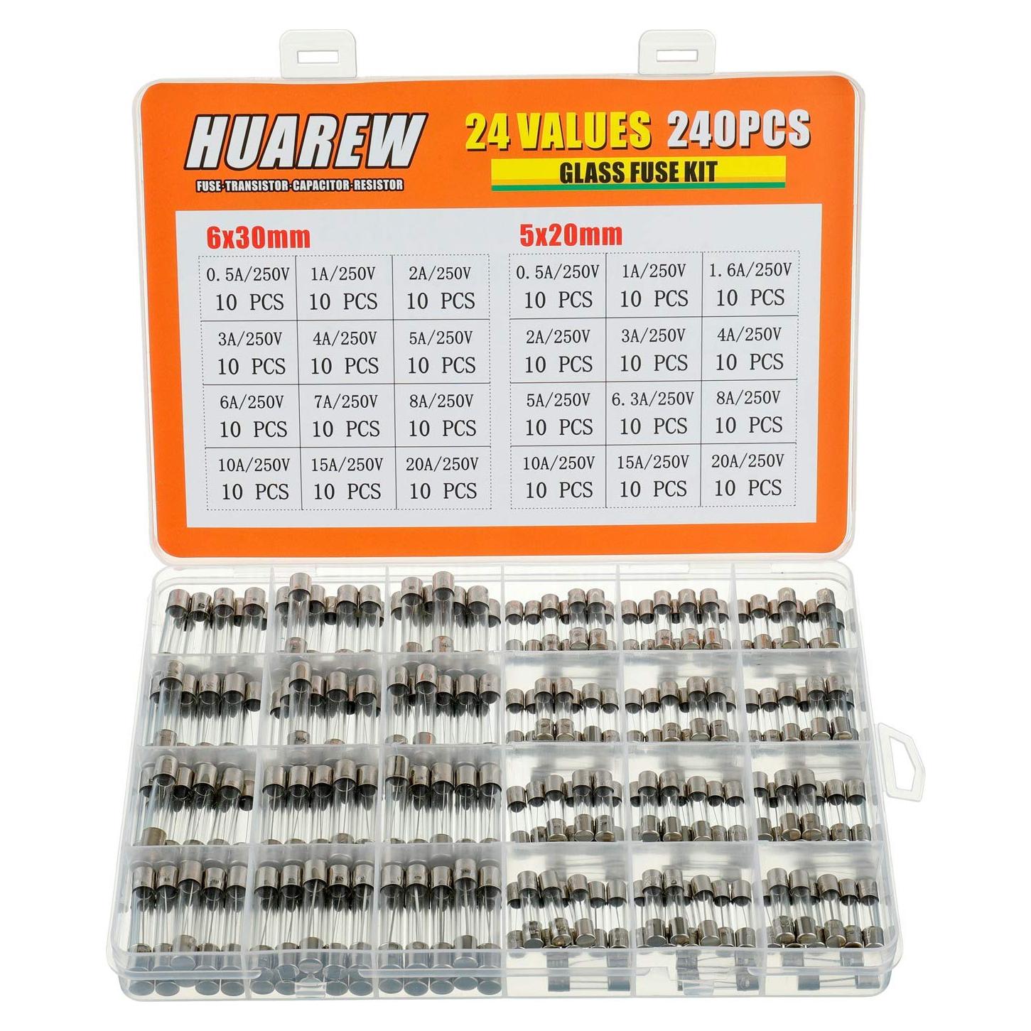 Kit de Fusibles de Vidrio HUAREW 240 Pcs 250V 5x20mm y 6x30mm