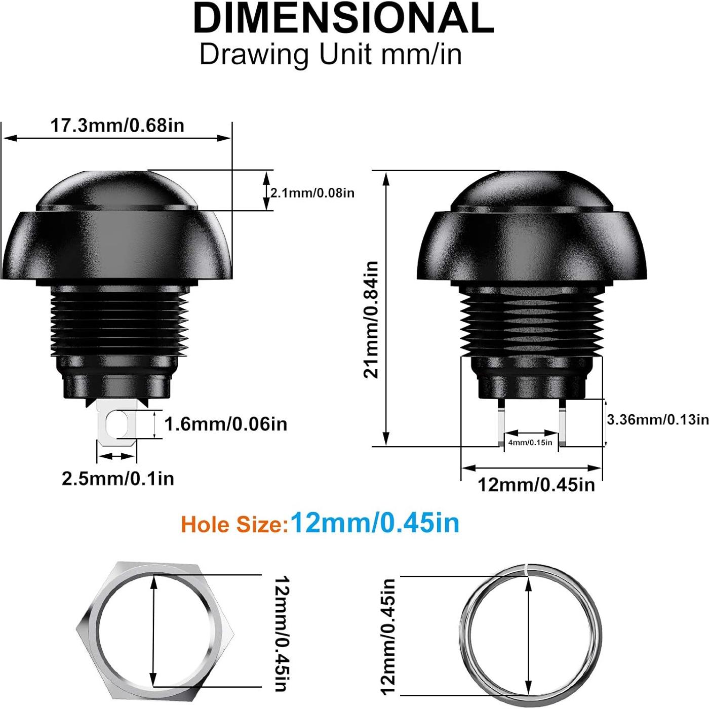 Interruptor Momentáneo Impermeable DIYhz 12MM 14PCS Rojo Negro