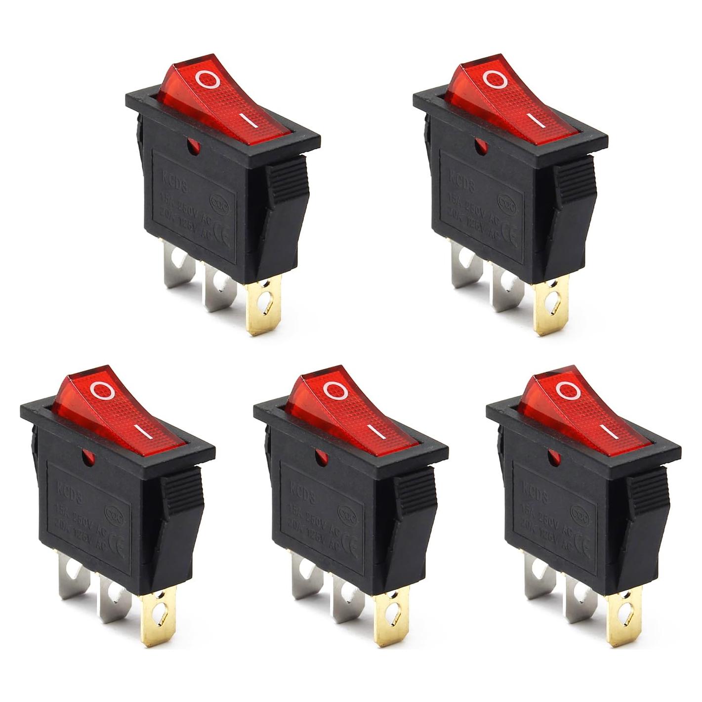 5 Pcs Interruptor Rocker On/Off 3 Pines 12V 250V 15A Rojo