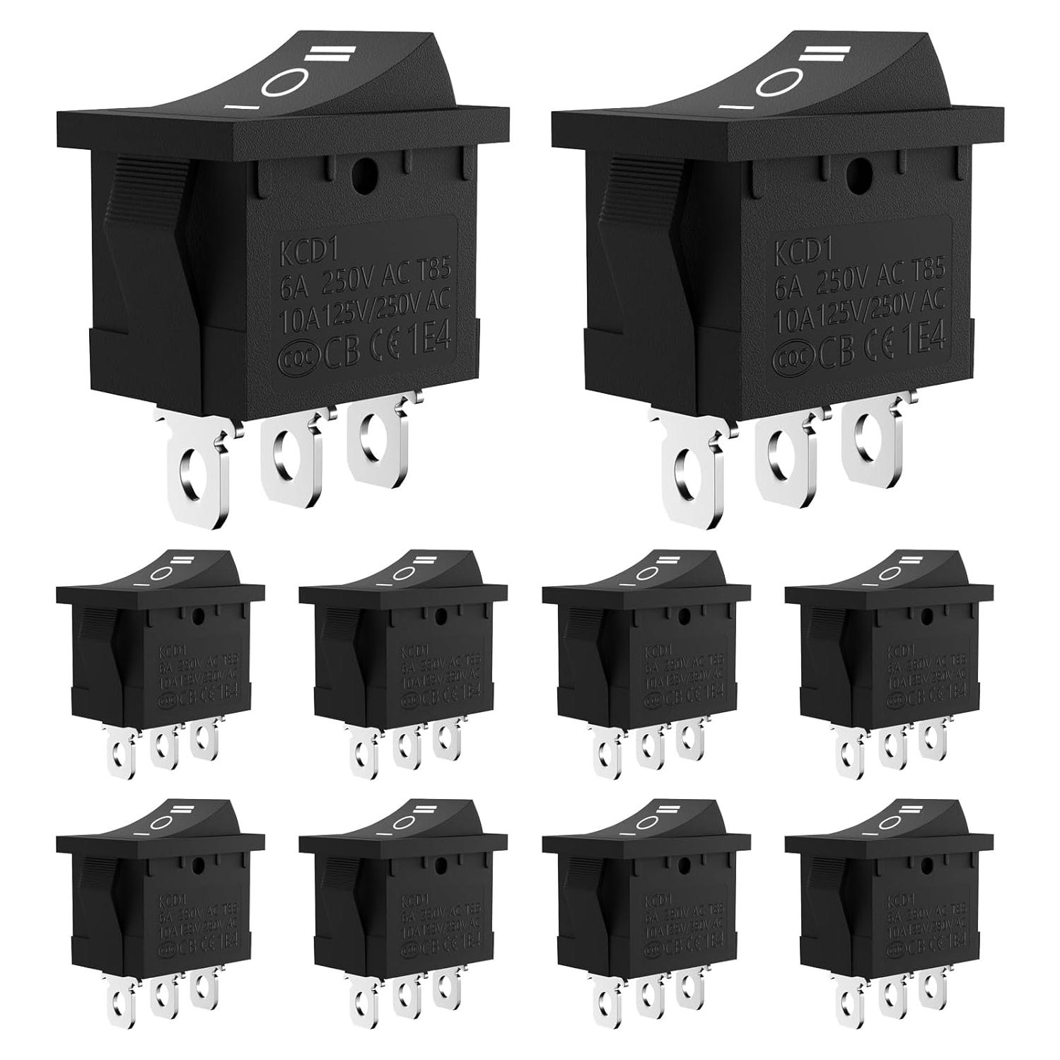 10 Interruptores Rocker KCD1 ON/OFF/ON 6A 250V AC 3 Pin