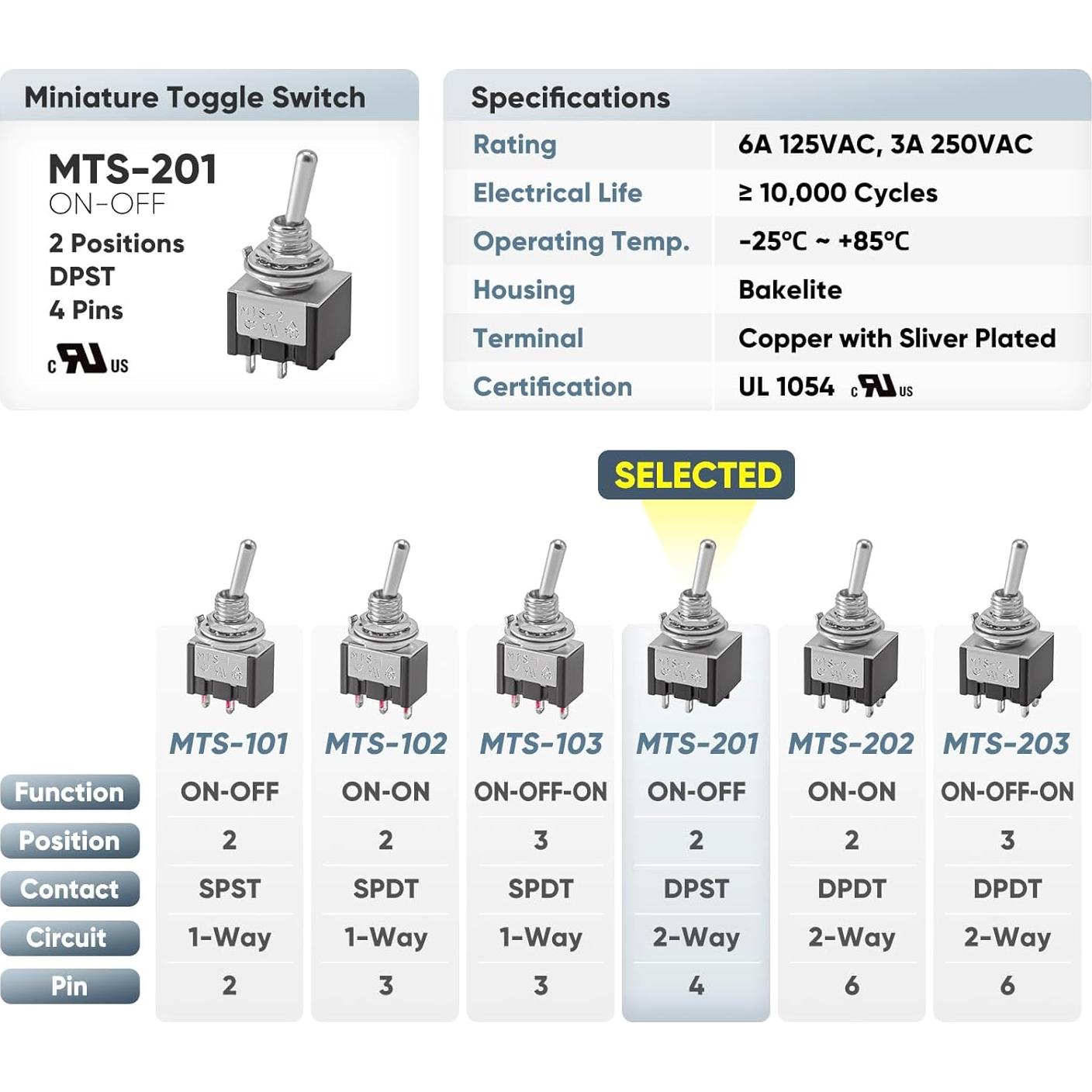 Paquete de 6 Interruptores de Palanca MTS-201 UL 6A Impermeables