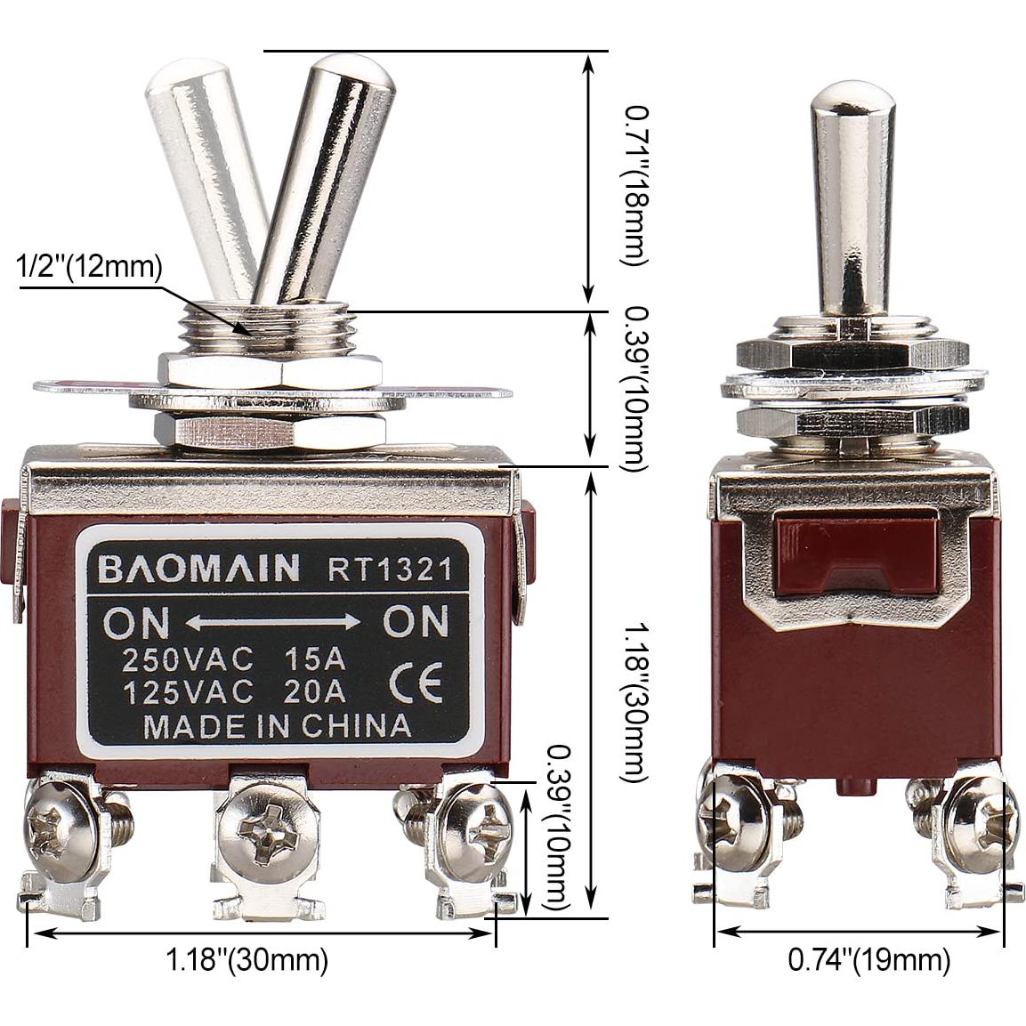 Interruptor Basculante DPDT 250VAC 15A 125VAC 20A 12mm 2PCS
