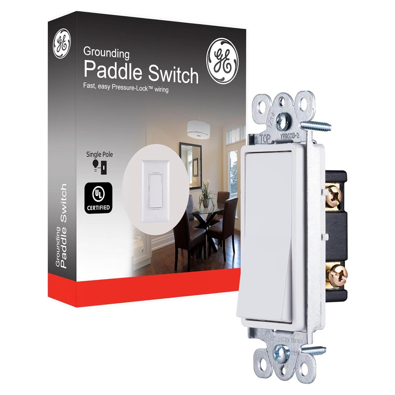 GE Paddle Rocker Switch - Single Pole Switch, On/Off, Replacement for Light Switches & Ceiling Fans, Grounding, UL Listed, White, 50726