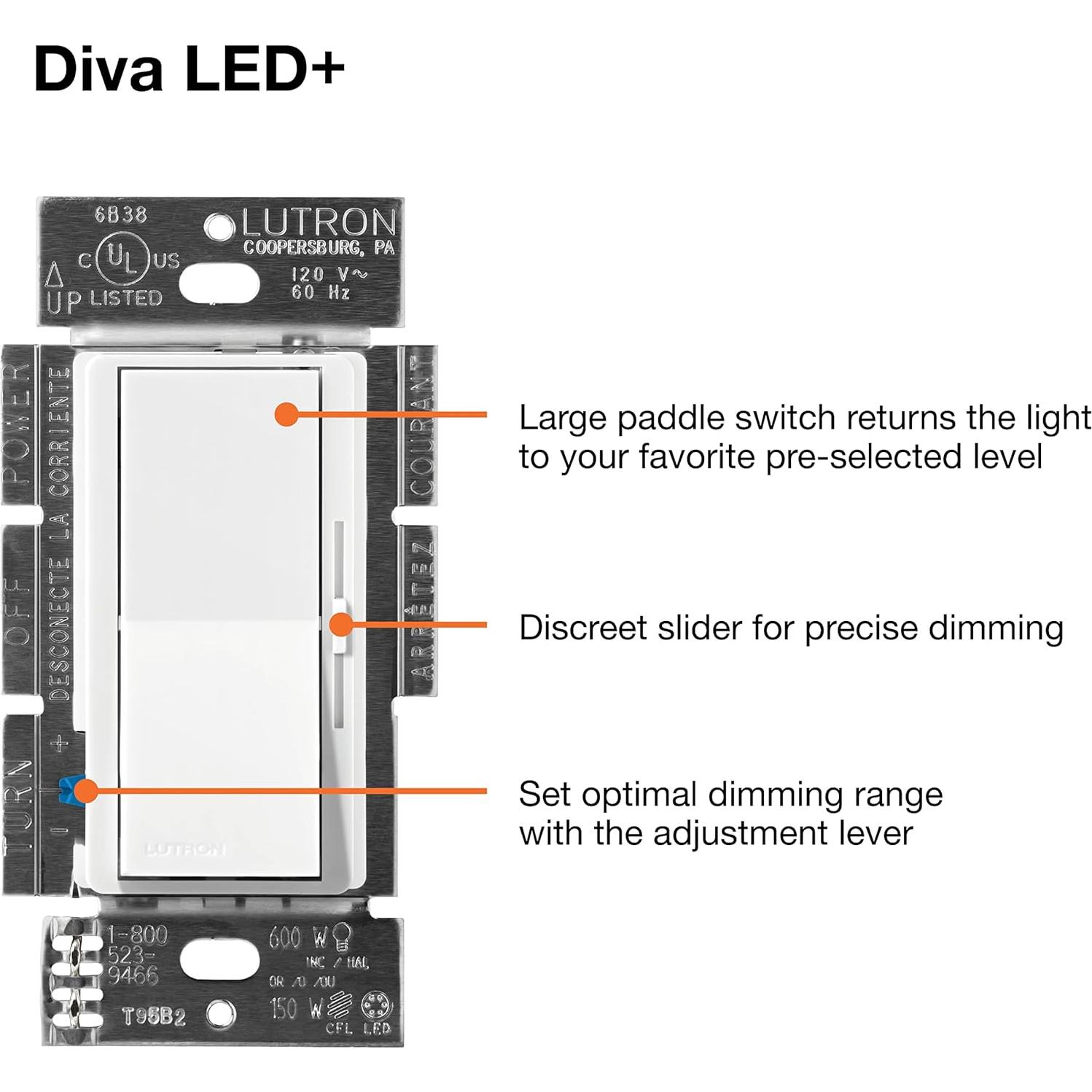 Interruptor Regulador Lutron Diva LED+ 150W Negro Dimmable