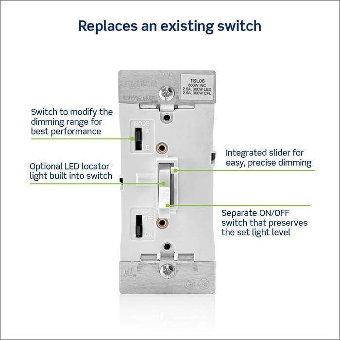Interruptor de Atenuador Deslizante Leviton TSL06-1LG Gris 300W LED