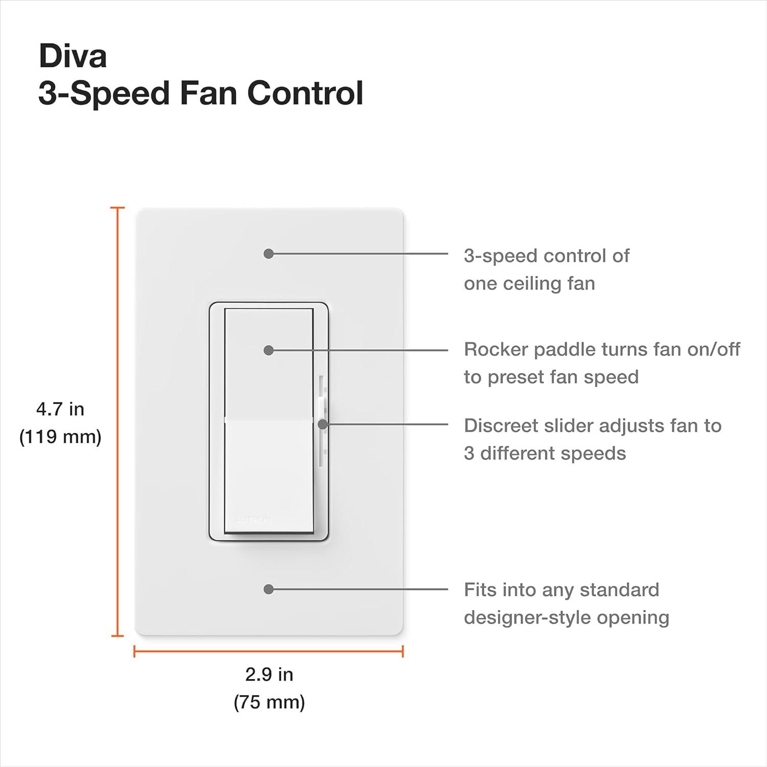 Interruptor de Ventilador Lutron Diva 3 Velocidades Blanco