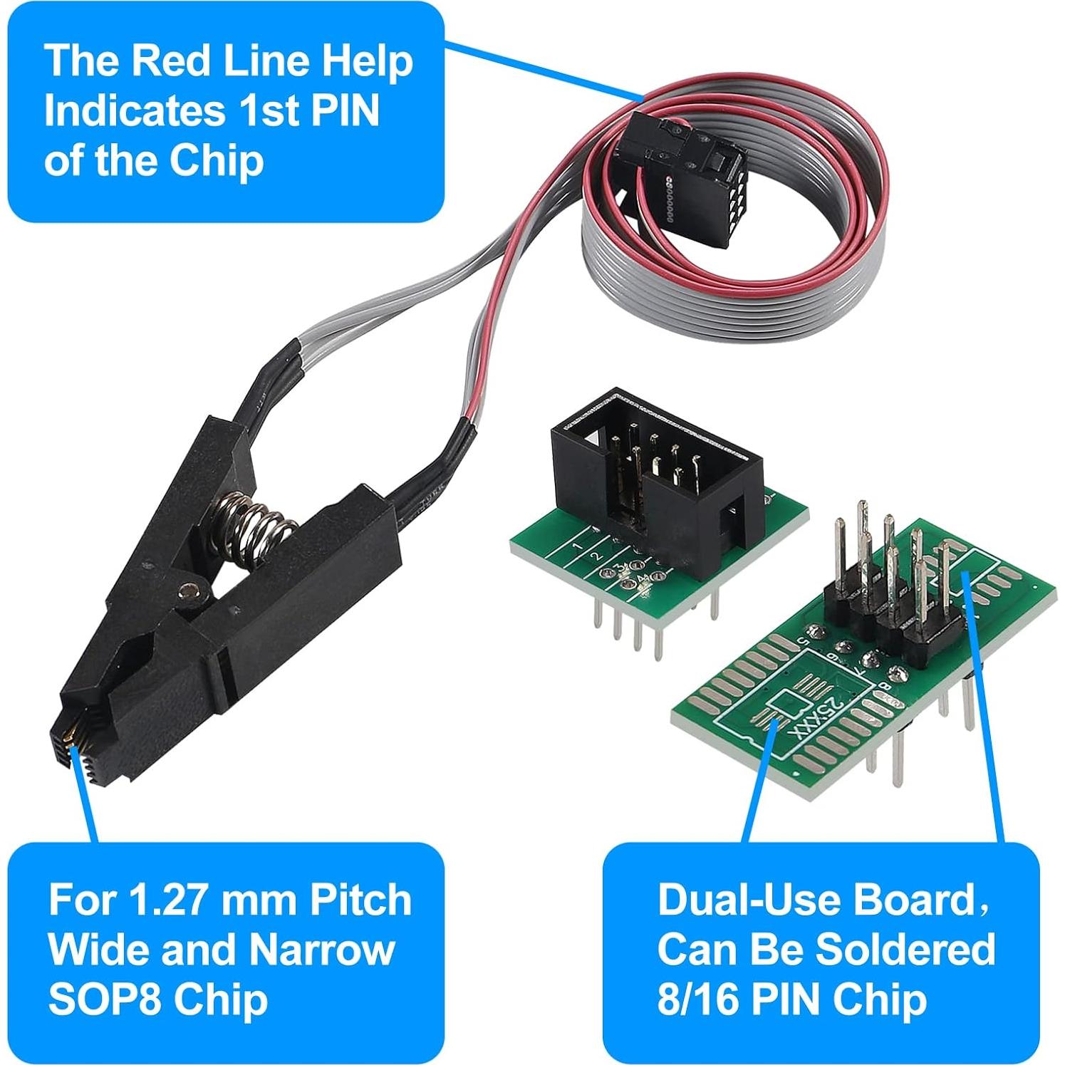 Programador USB CH341A + Clip SOIC8 + Adaptadores 1.8V y DIP8