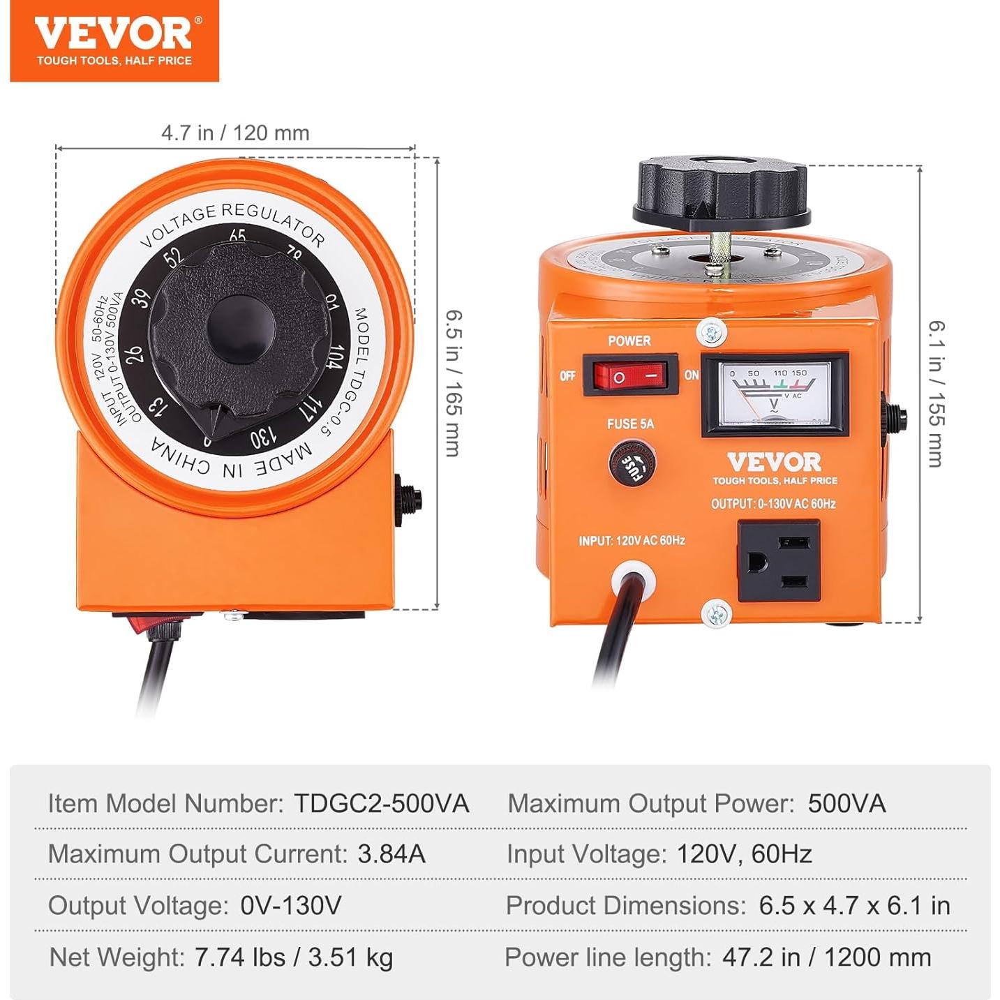 Transformador de Voltaje Variable VEVOR 500VA 0-130V 3.84A