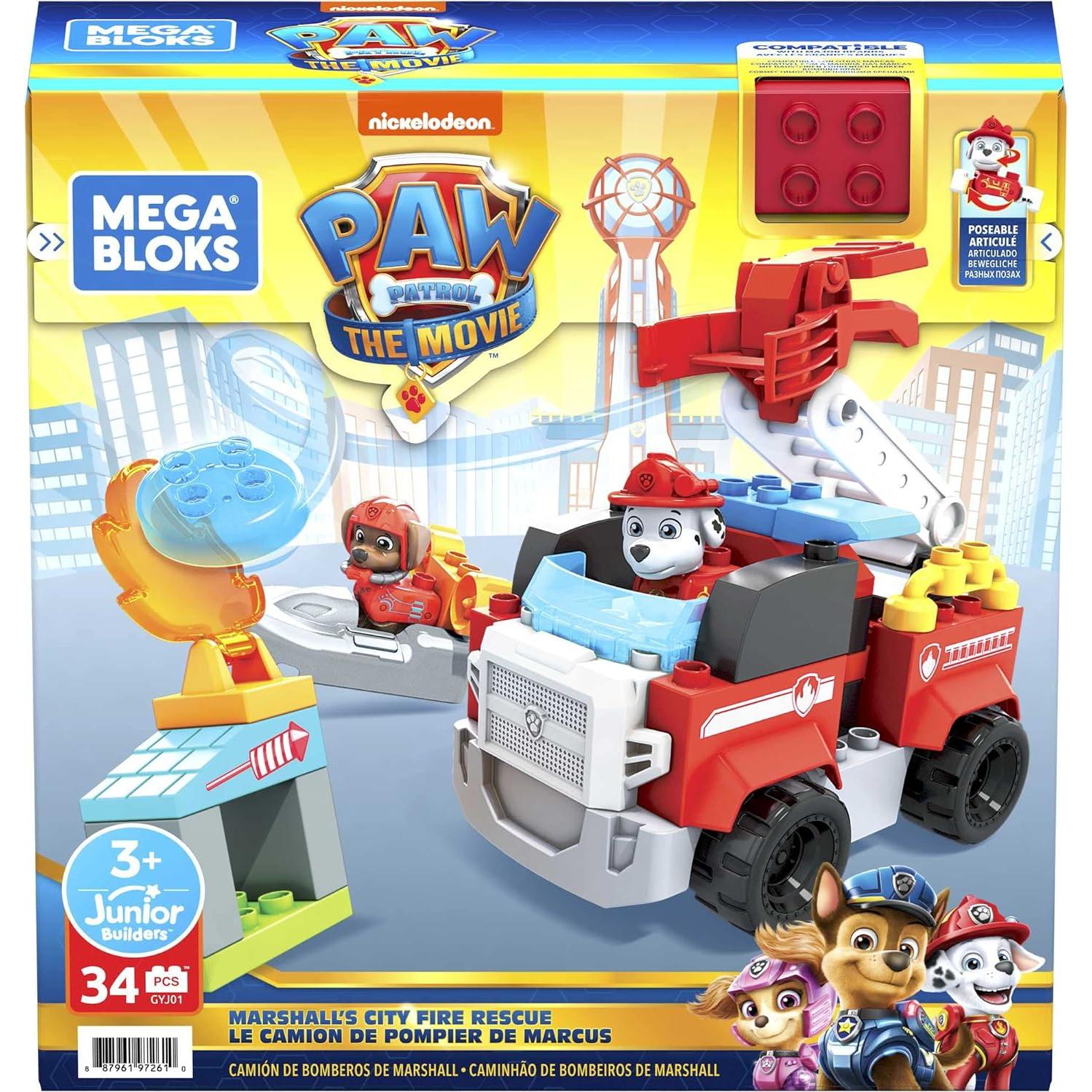 MEGA BLOKS Paw Patrol Marshall's City Fire Rescue Toy Building Set With 32 Jr. Bricks, Marshall and Zuma Figures, Gift Set For Boys and Girls, Ages 3+