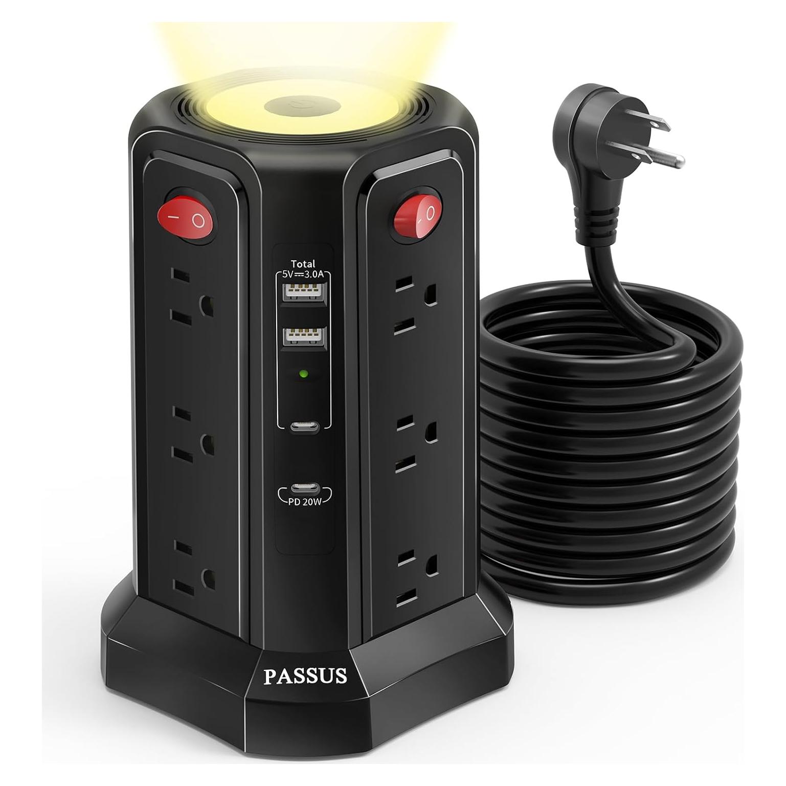 Protector de Sobretensión PASSUS 16 Pies con 4 USB y Luz Nocturna