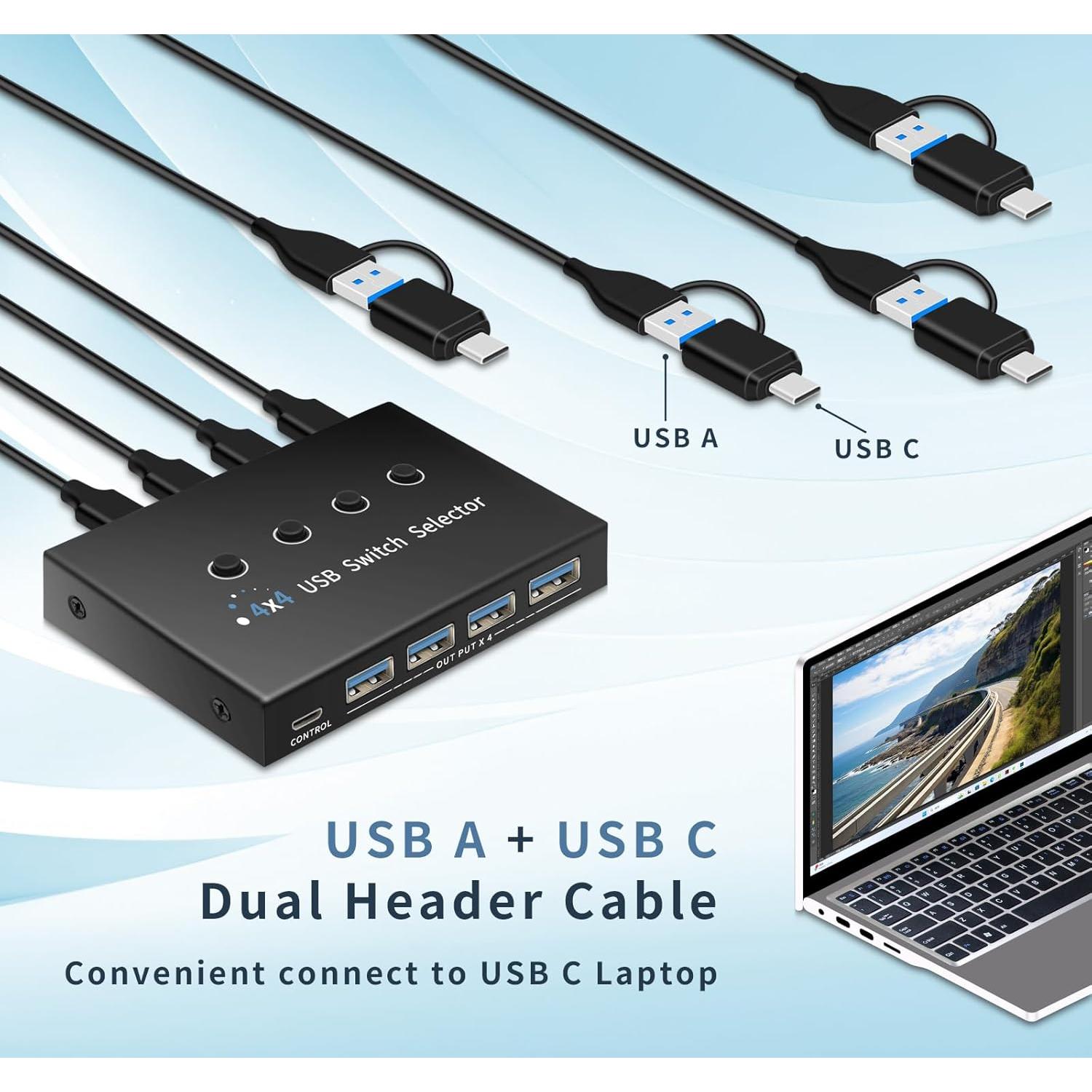 Interruptor USB 3.0 4 Puertos Newiedkvm para 4 Computadoras