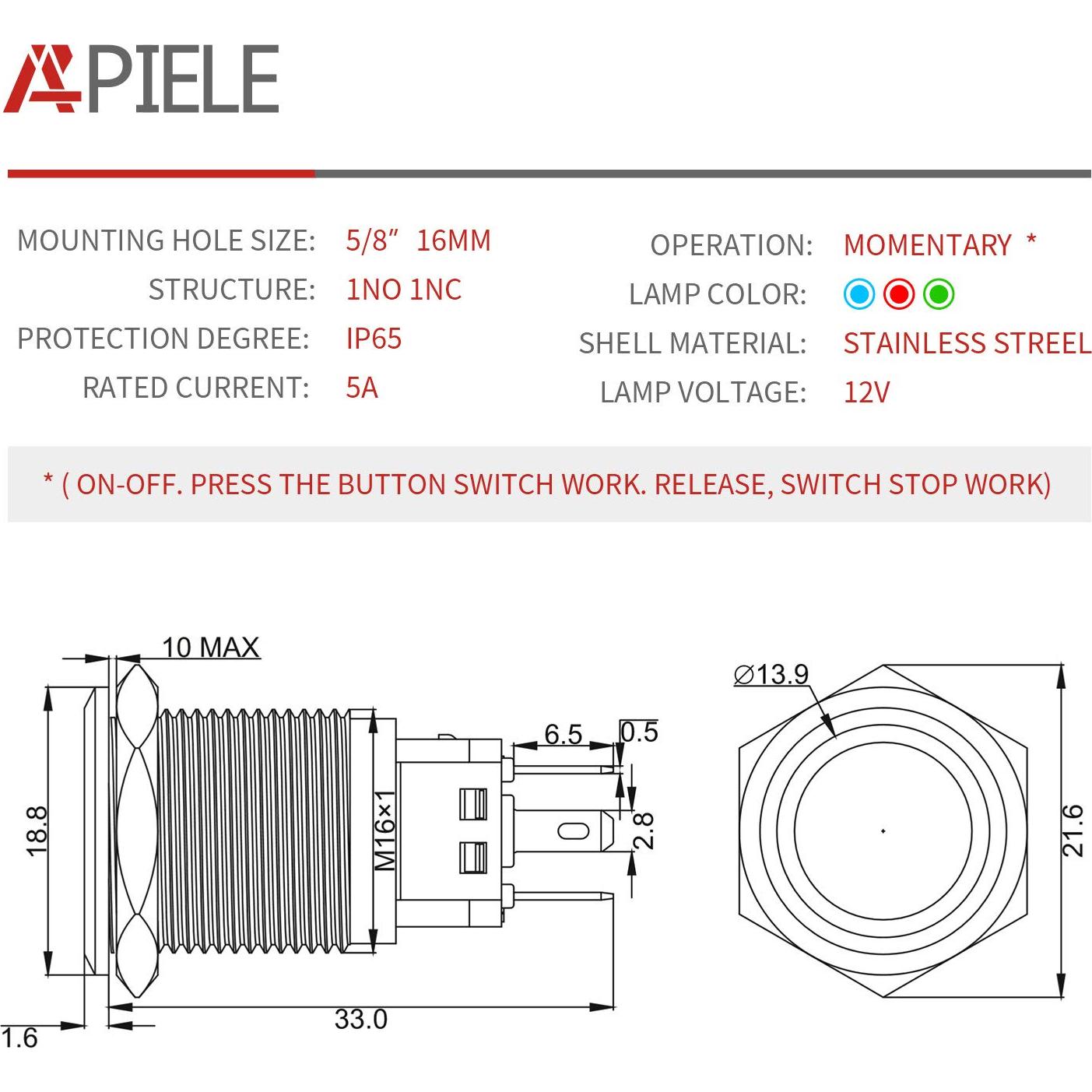 Interruptor de Botón Momentáneo APIELE 16mm LED Azul IP65