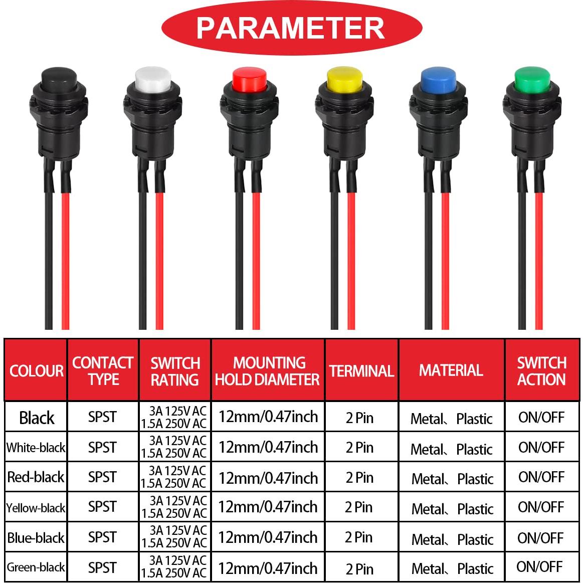 Interruptor de Botón Pulsador Mini Auto-bloqueo 12mm 18 Piezas