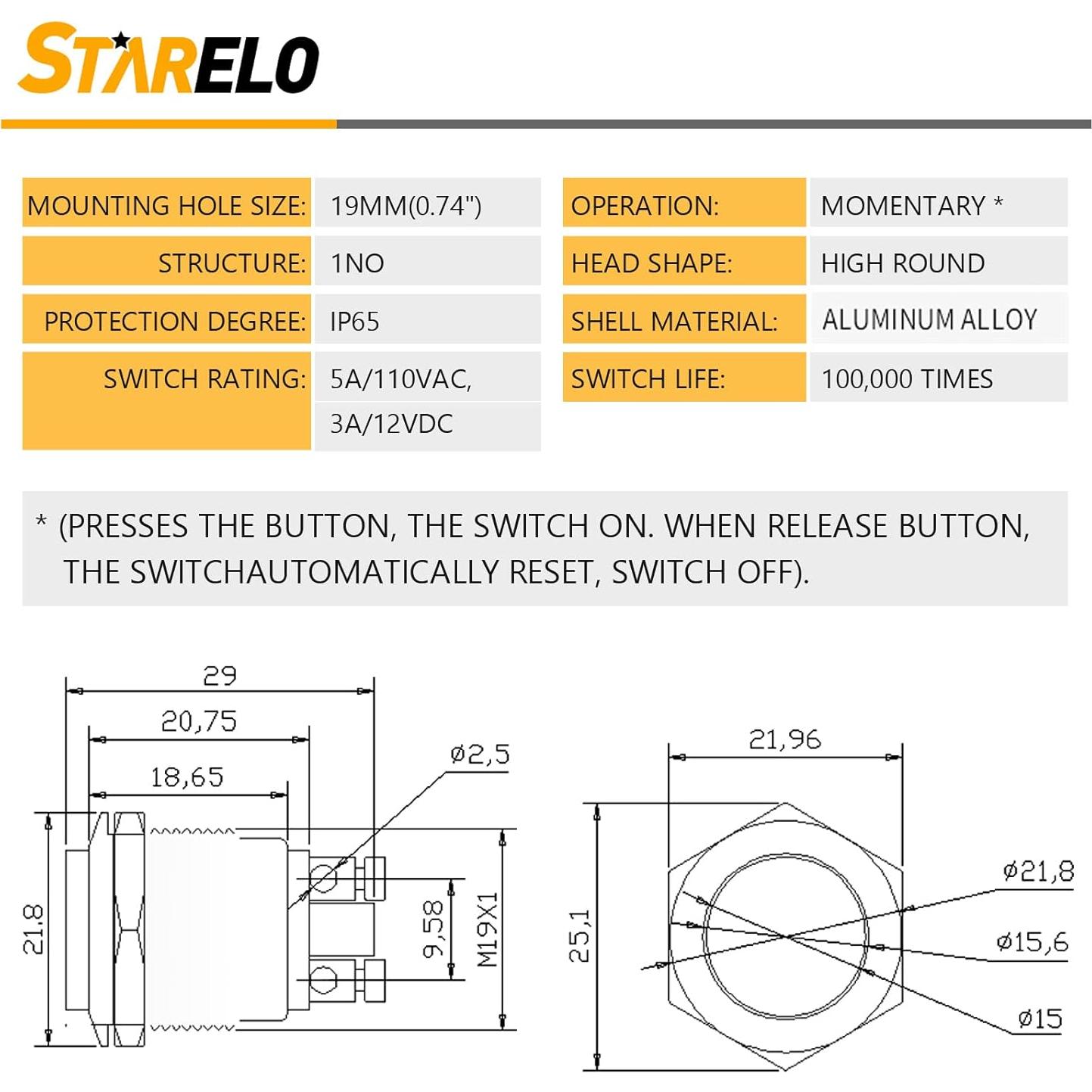 Interruptor Momentáneo STARELO 19mm IP65 5pcs Carcasa Negra